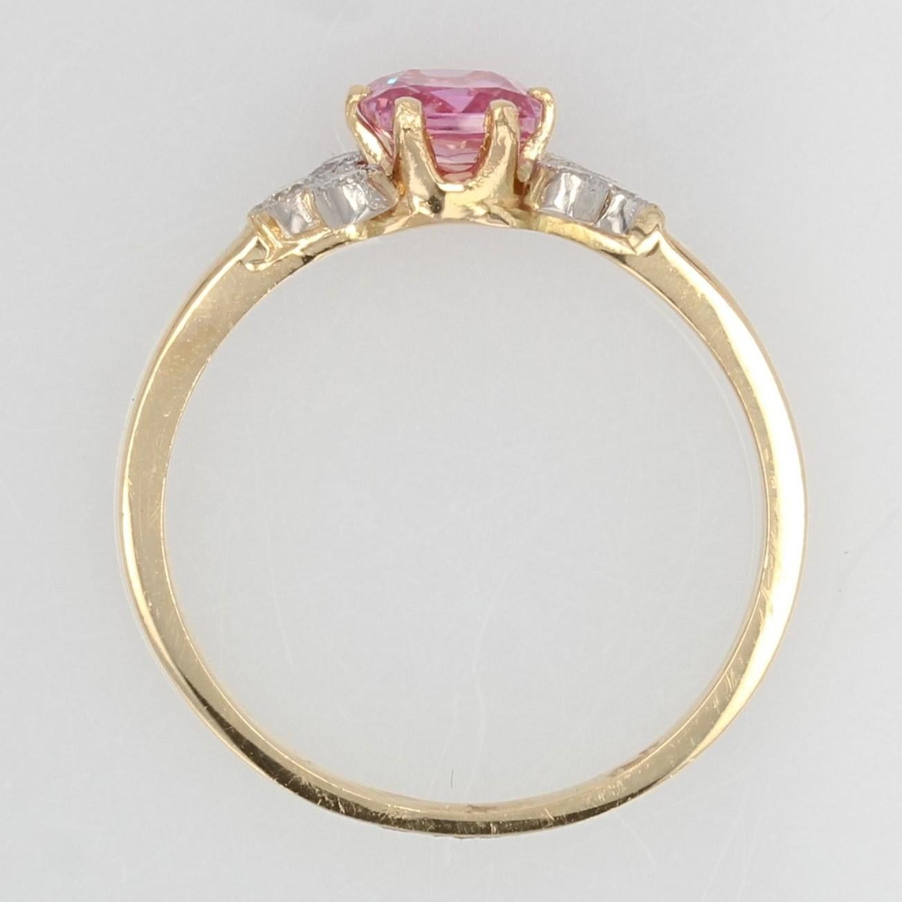 French Modern Pink Sapphire Diamonds 18 Karat Yellow Gold Thin Ring For Sale 8