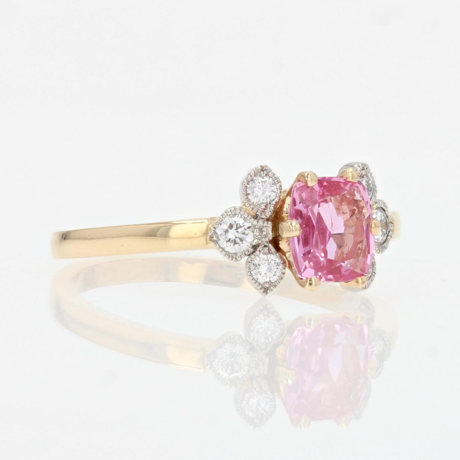 French Modern Pink Sapphire Diamonds 18 Karat Yellow Gold Thin Ring For Sale 4