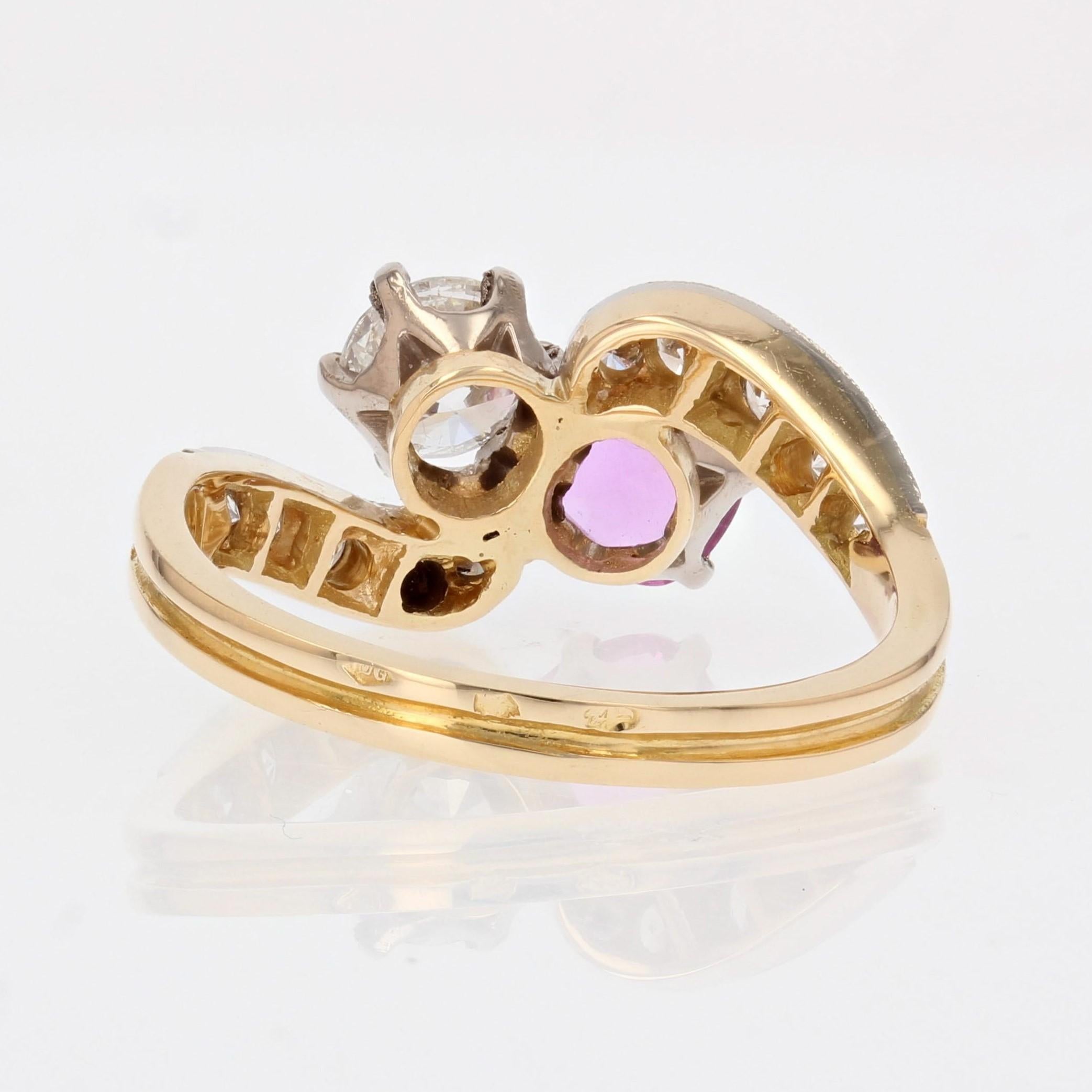 French Modern Pink Sapphire Diamonds 18 Karat Yellow Gold You and Me Ring For Sale 5