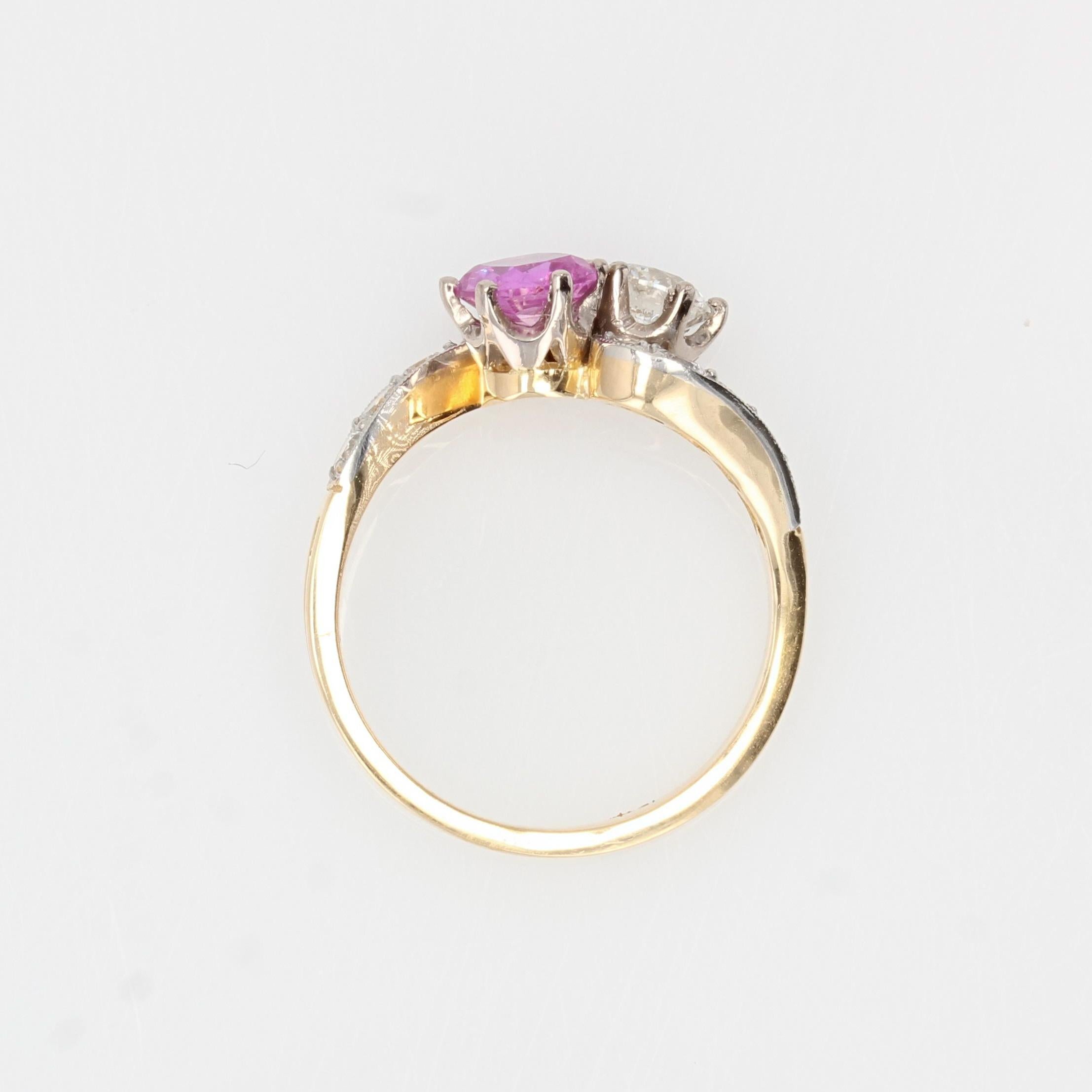 French Modern Pink Sapphire Diamonds 18 Karat Yellow Gold You and Me Ring For Sale 7