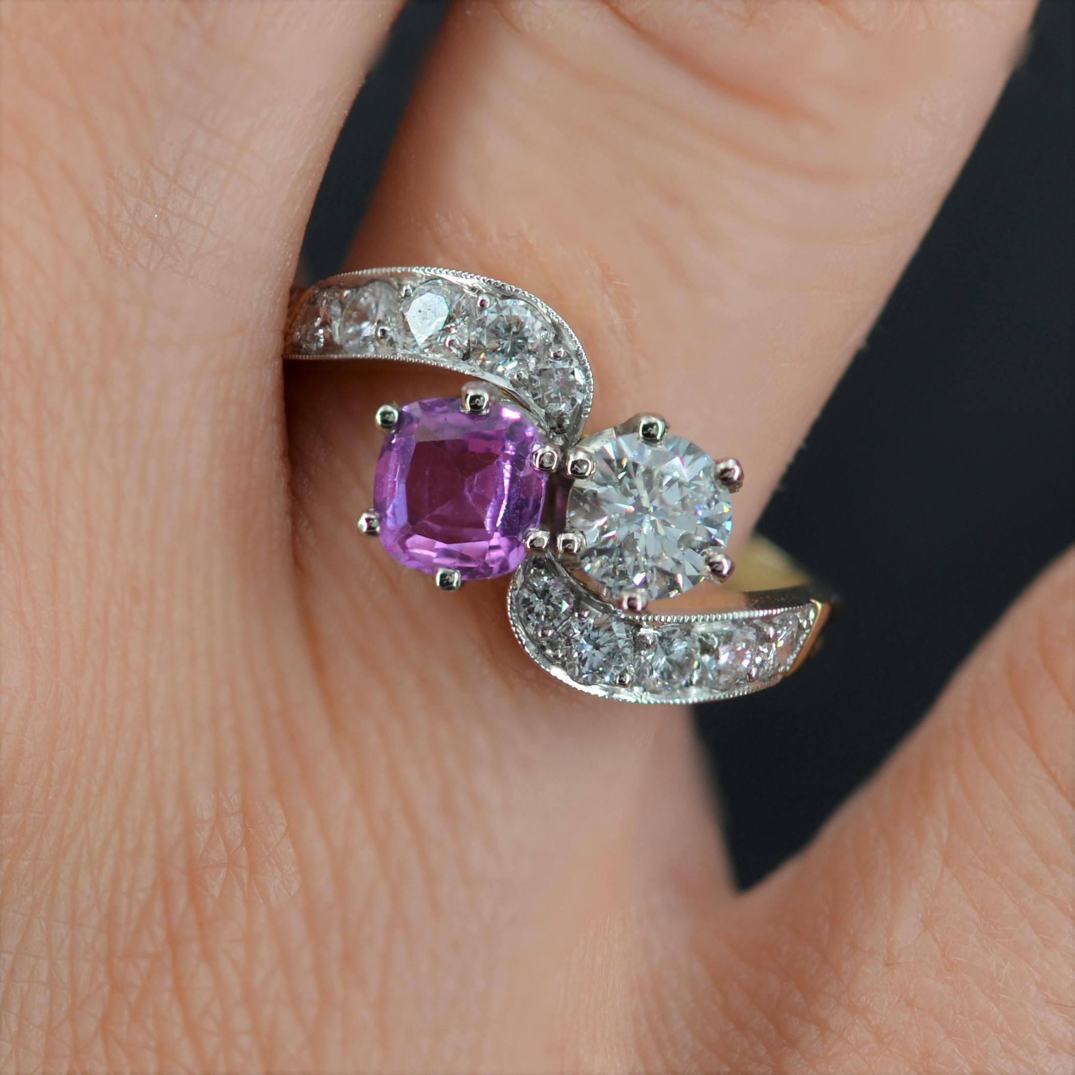 Cushion Cut French Modern Pink Sapphire Diamonds 18 Karat Yellow Gold You and Me Ring For Sale
