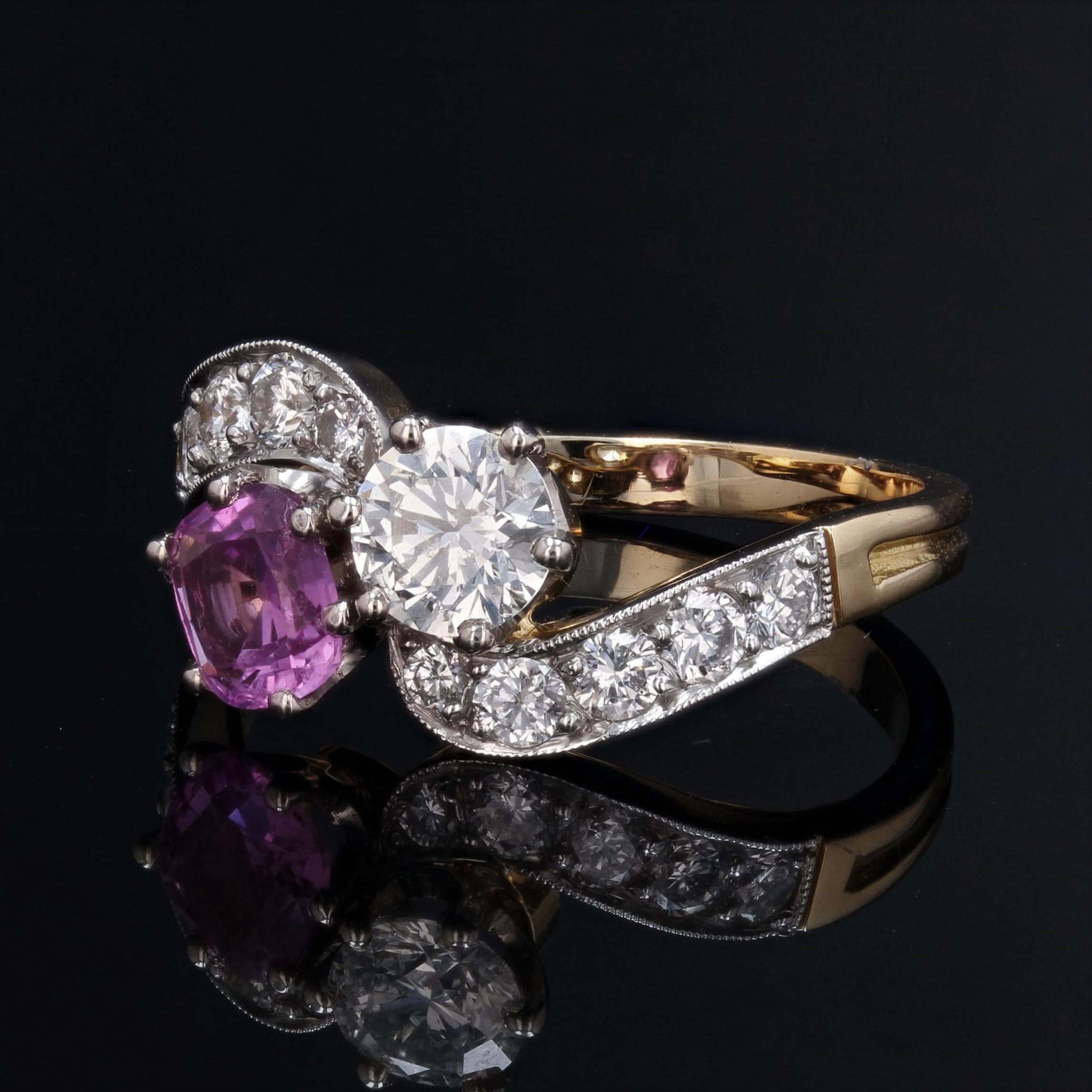 French Modern Pink Sapphire Diamonds 18 Karat Yellow Gold You and Me Ring In New Condition For Sale In Poitiers, FR