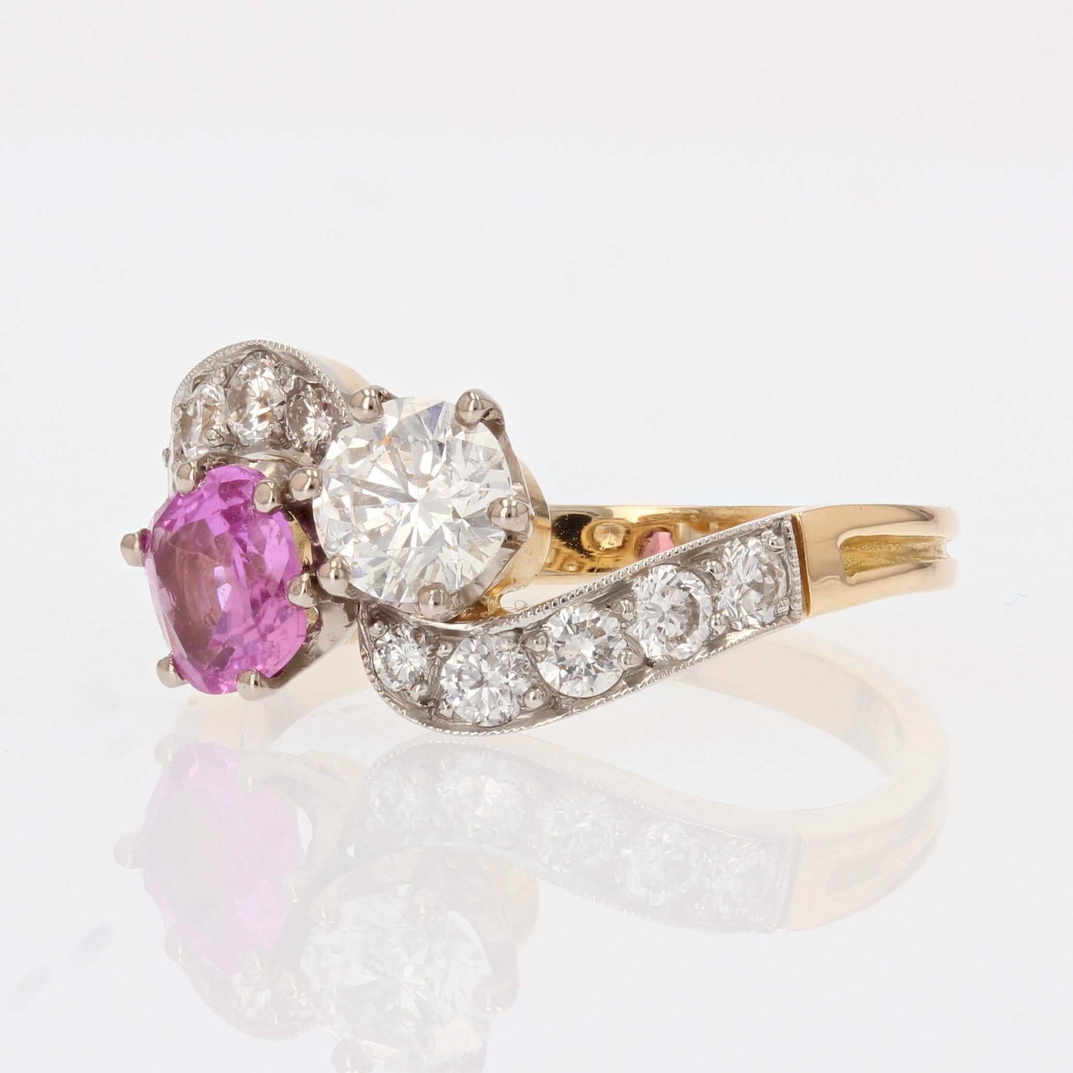 French Modern Pink Sapphire Diamonds 18 Karat Yellow Gold You and Me Ring For Sale 1