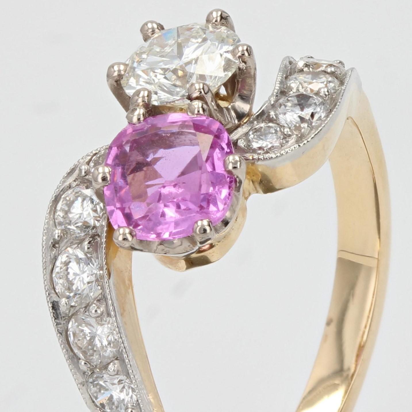 French Modern Pink Sapphire Diamonds 18 Karat Yellow Gold You and Me Ring For Sale 2