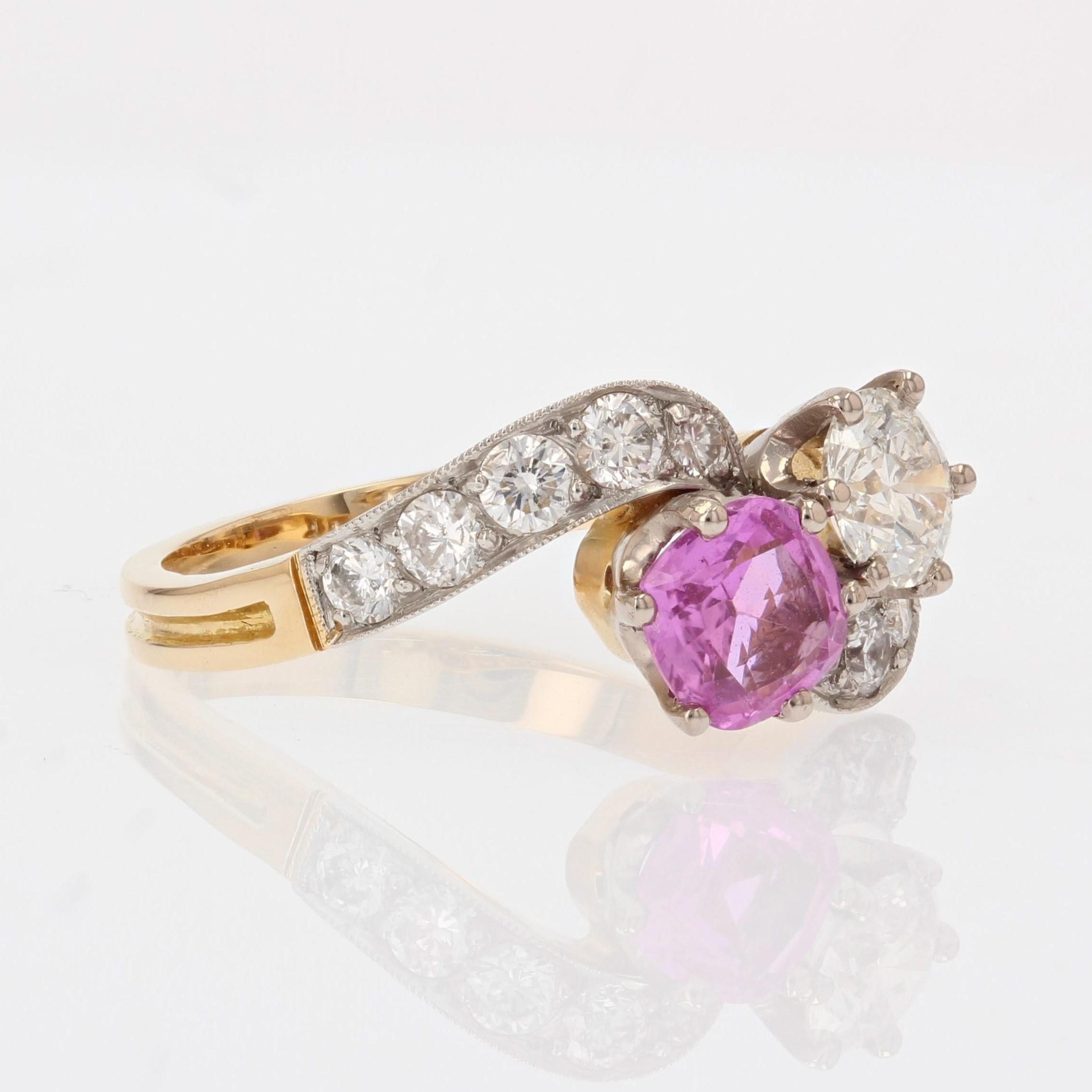 French Modern Pink Sapphire Diamonds 18 Karat Yellow Gold You and Me Ring For Sale 3