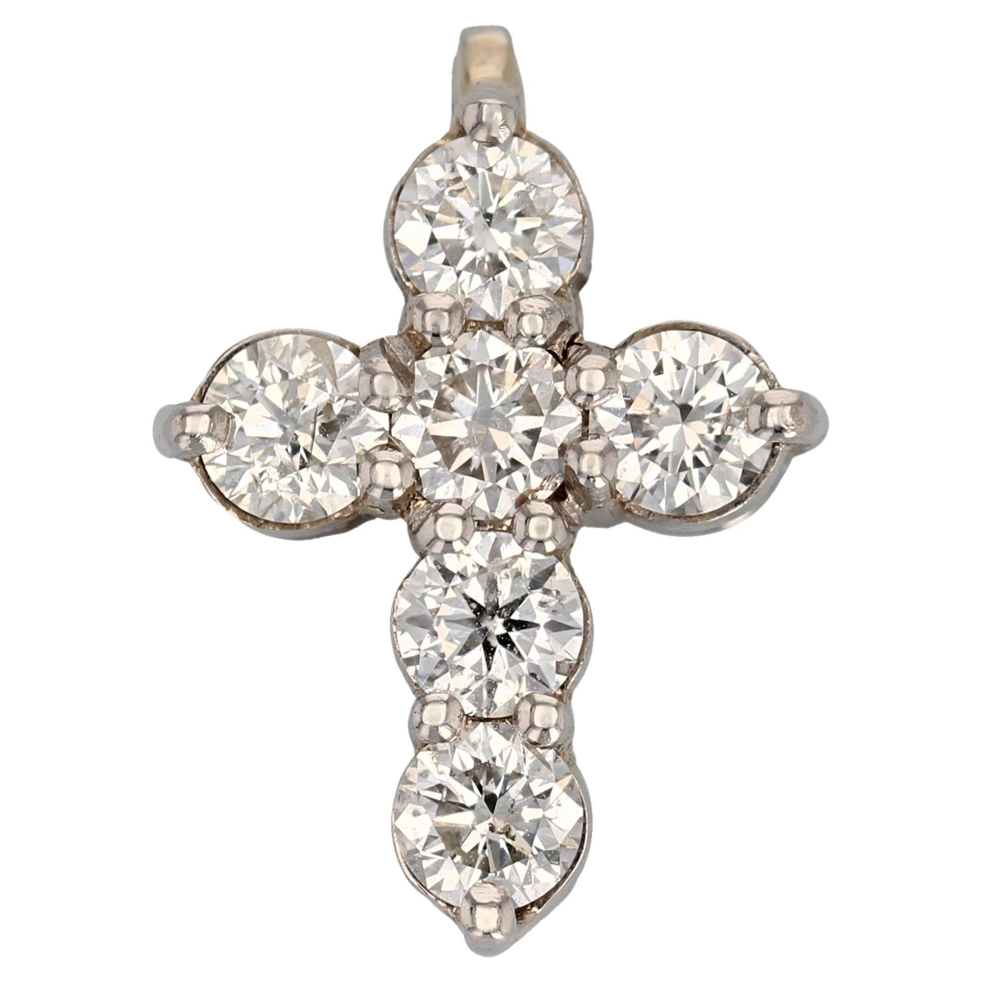 French Modern Platinum Diamond Cross Pendant For Sale