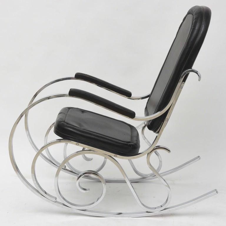 Leather French Modern Polished Nickel Rocking Chair, Maison Jansen For Sale