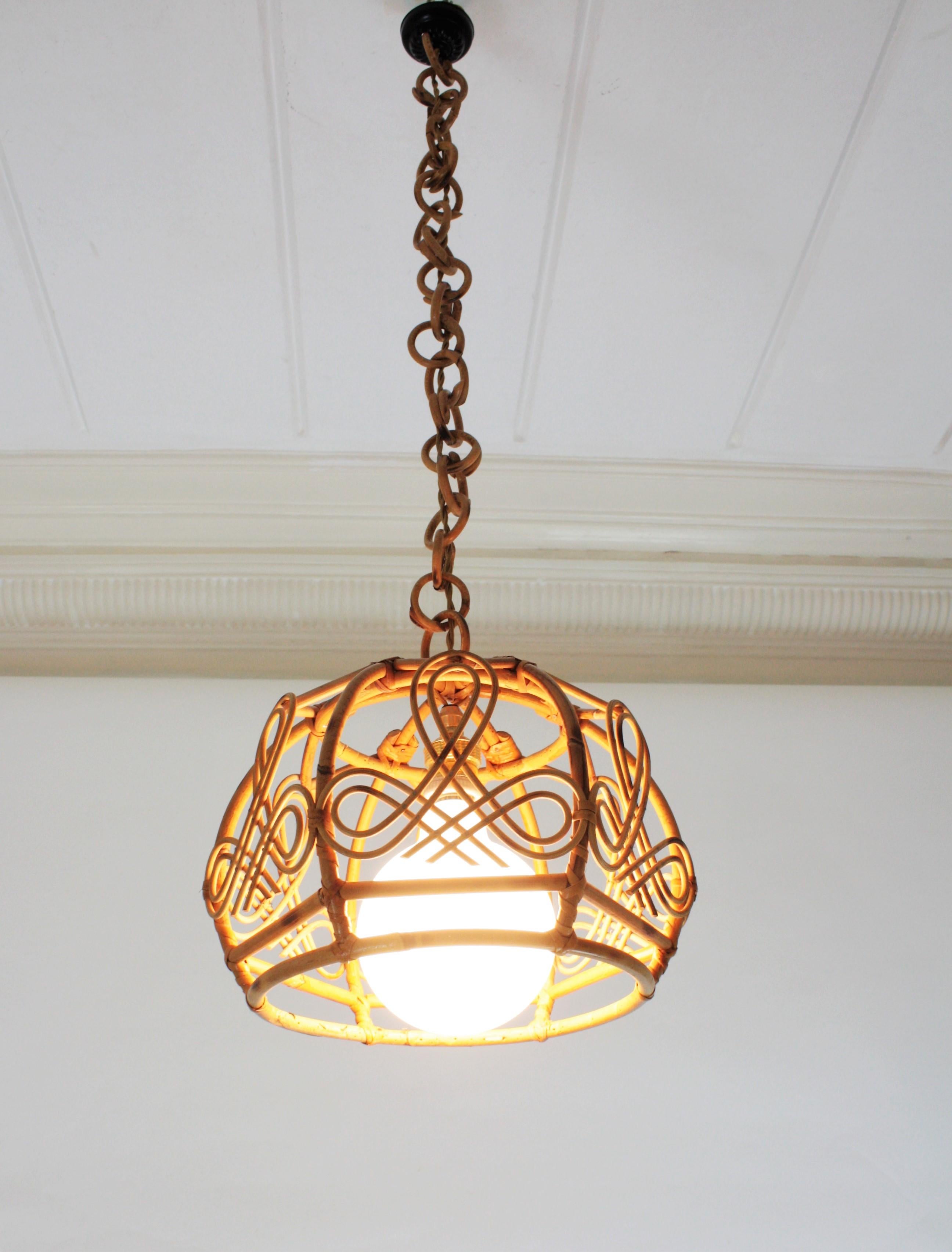 French Modern Rattan Bell Pendant Lamp / Lantern, 1960s For Sale 3