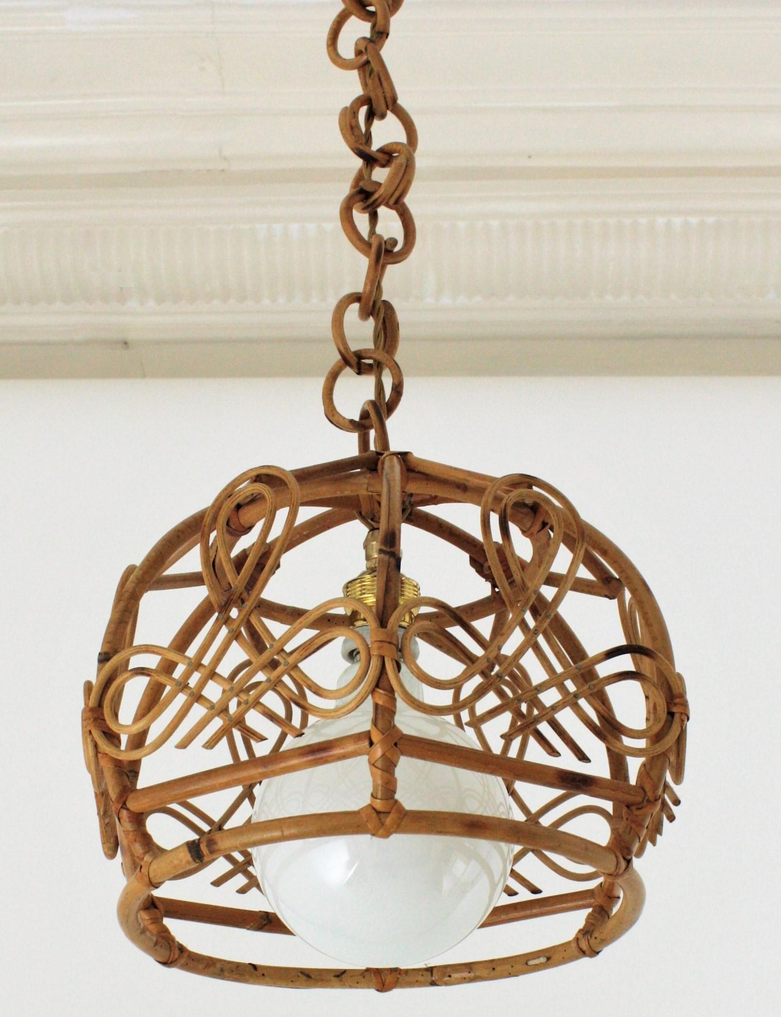 French Modern Rattan Bell Pendant Lamp / Lantern, 1960s For Sale 6