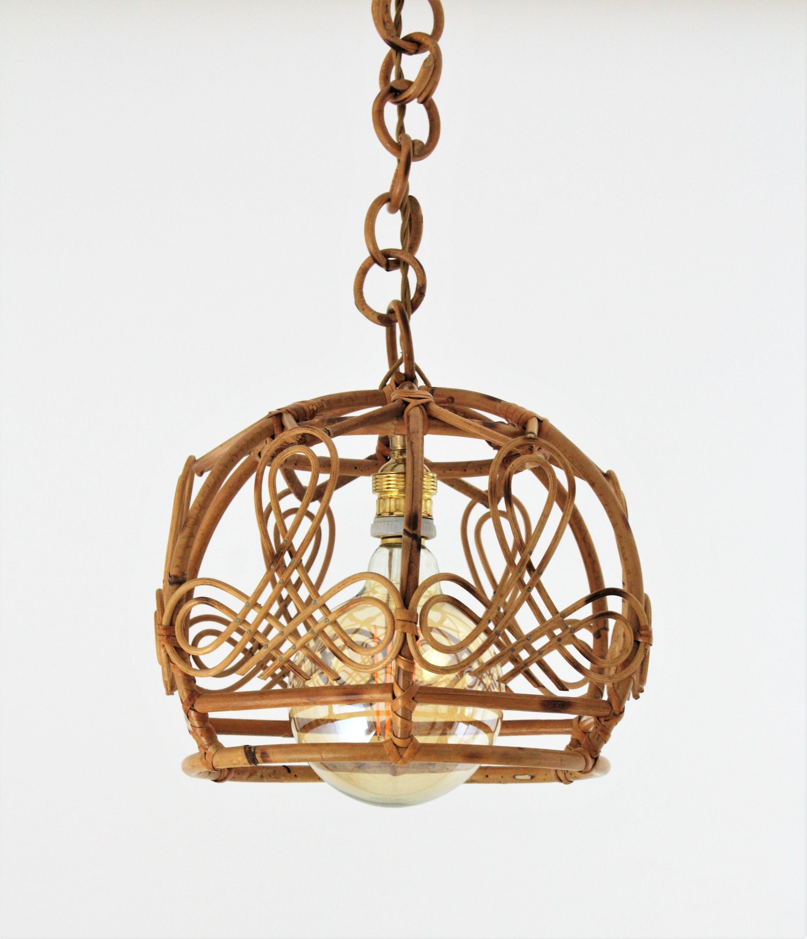 French Modern Rattan Bell Pendant Lamp / Lantern, 1960s For Sale 7