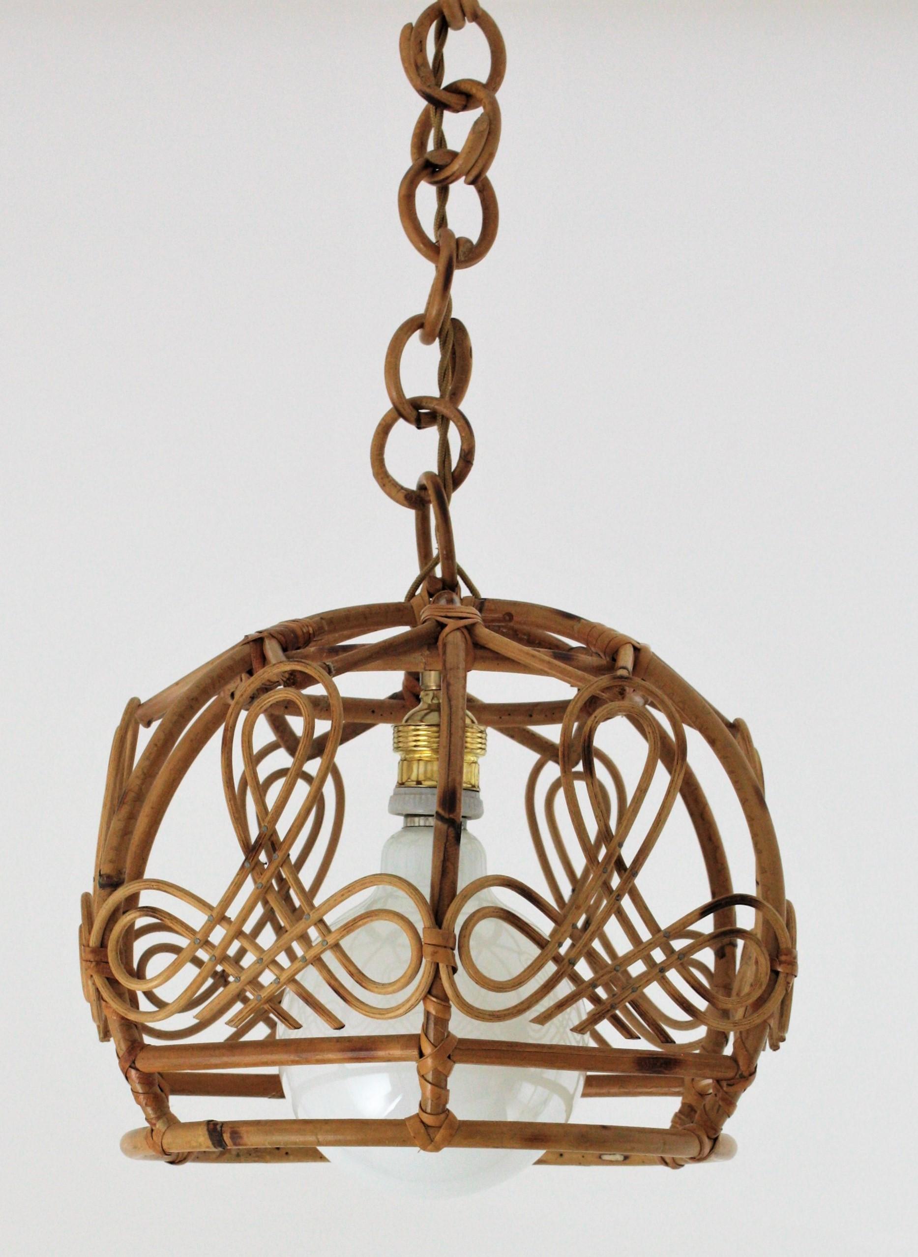 French Modern Rattan Bell Pendant Lamp / Lantern, 1960s For Sale 8