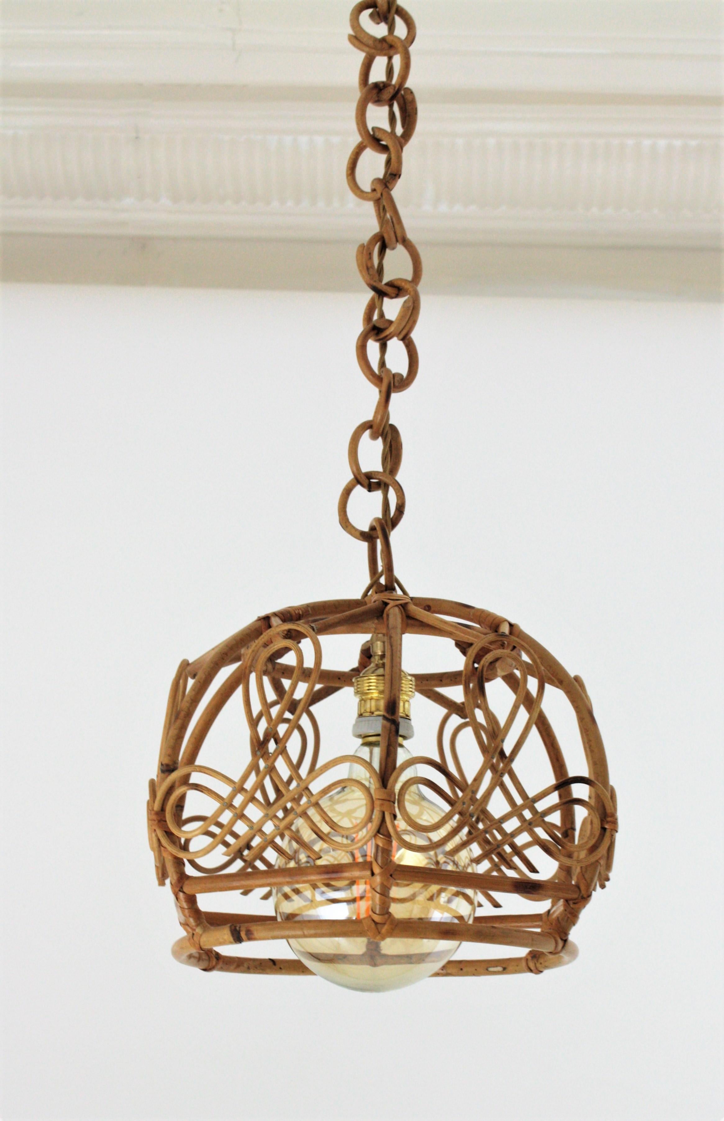 French Modern Rattan Bell Pendant Lamp / Lantern, 1960s For Sale 9
