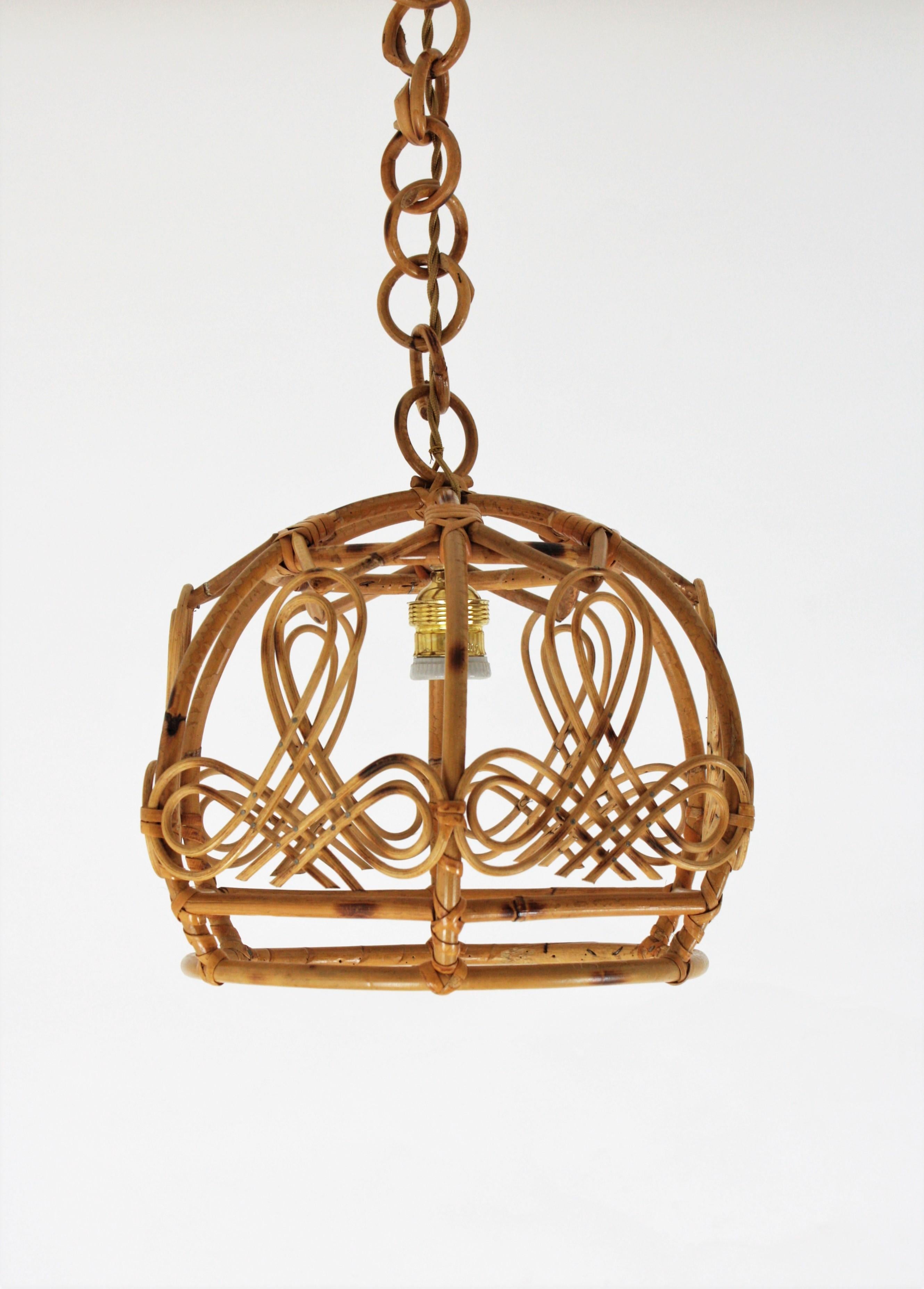 French Modern Rattan Bell Pendant Lamp / Lantern, 1960s For Sale 12