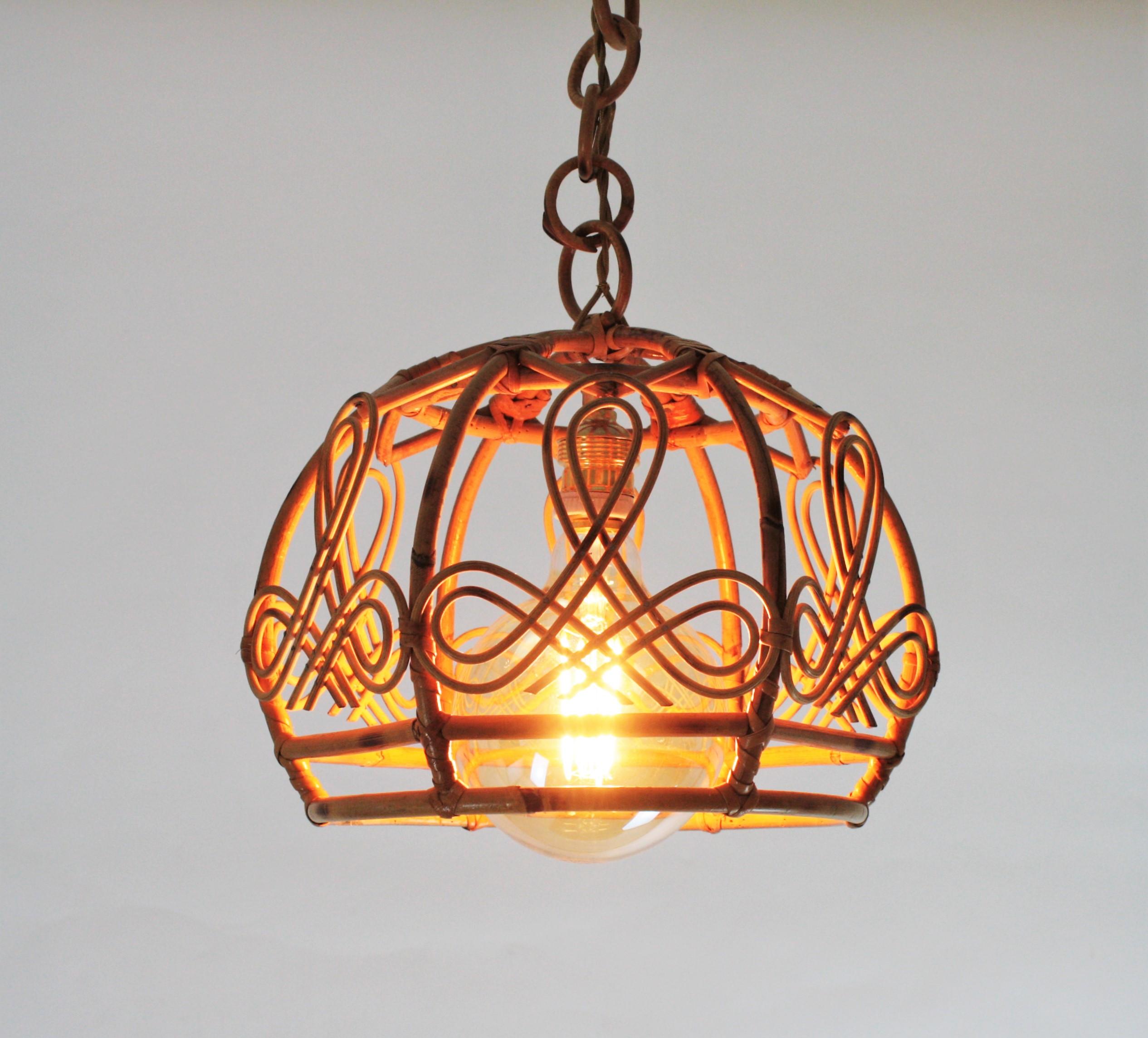 French Modern Rattan Bell Pendant Lamp / Lantern, 1960s For Sale 13