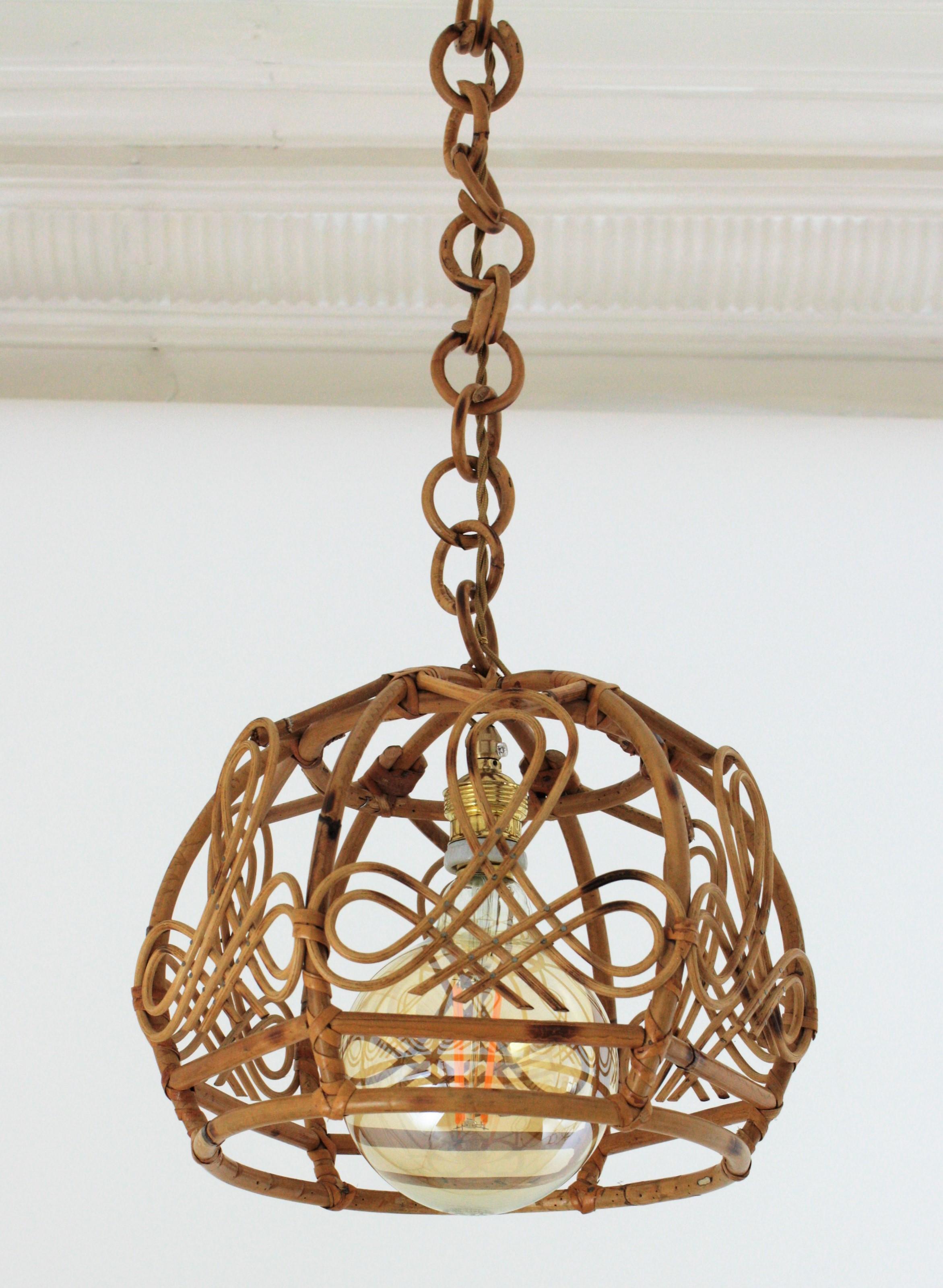 Mid-Century Modern French Modern Rattan Bell Pendant Lamp / Lantern, 1960s For Sale