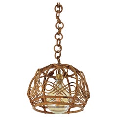 French Modern Rattan Bell Pendant Lamp / Lantern, 1960s