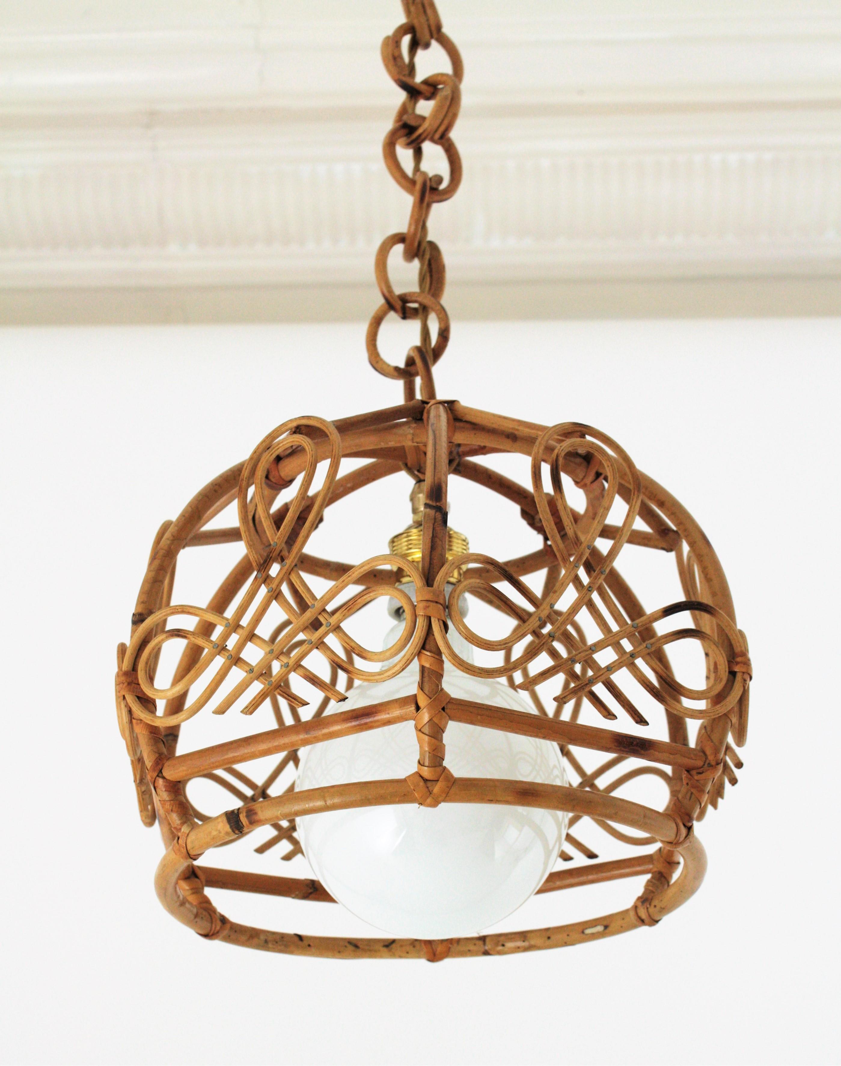 Hand-Crafted French Modern Rattan Bell Pendant Lamp / Lantern, 1960s For Sale