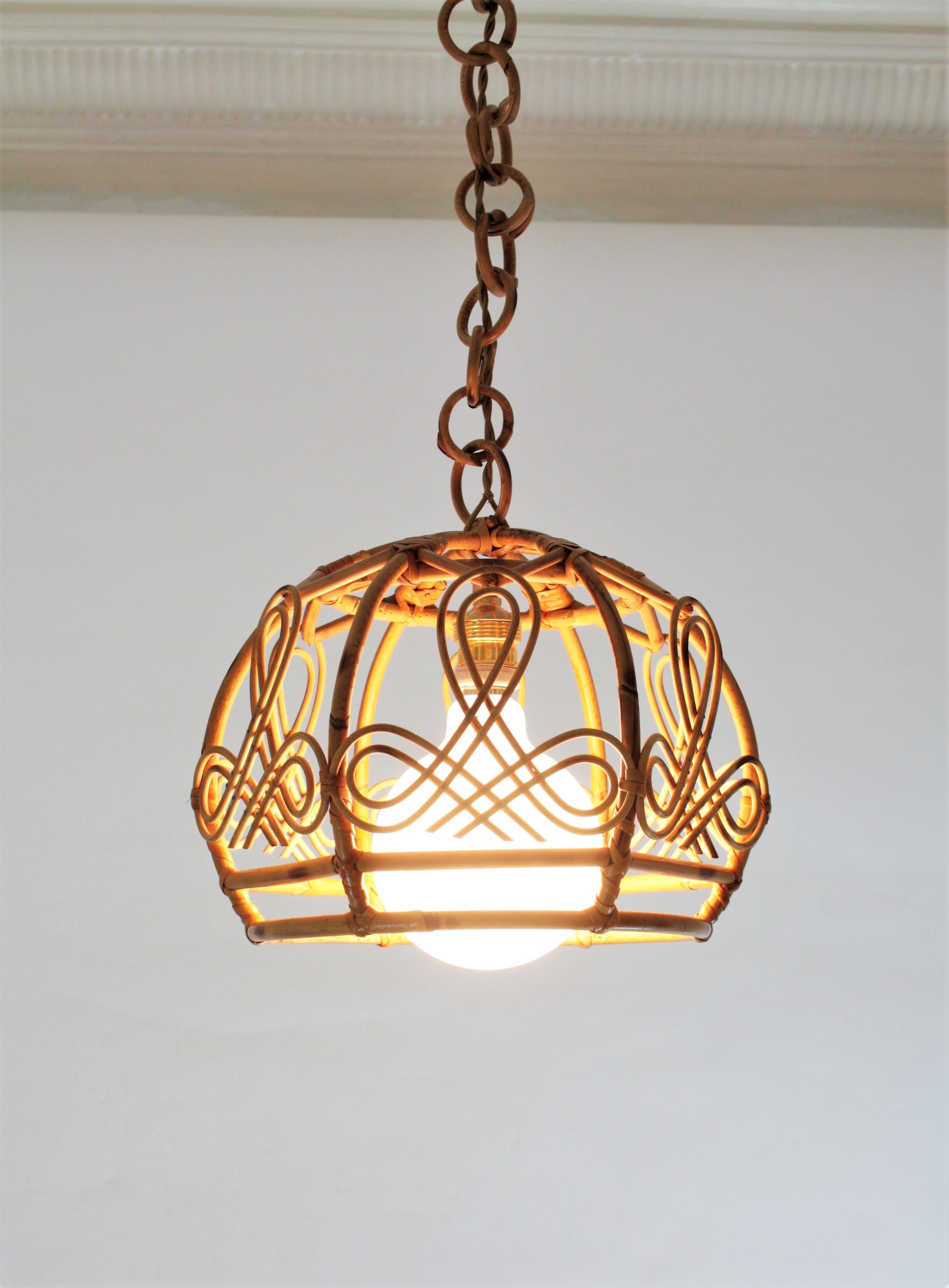 20th Century French Modern Rattan Bell Pendant Lamp / Lantern, 1960s For Sale