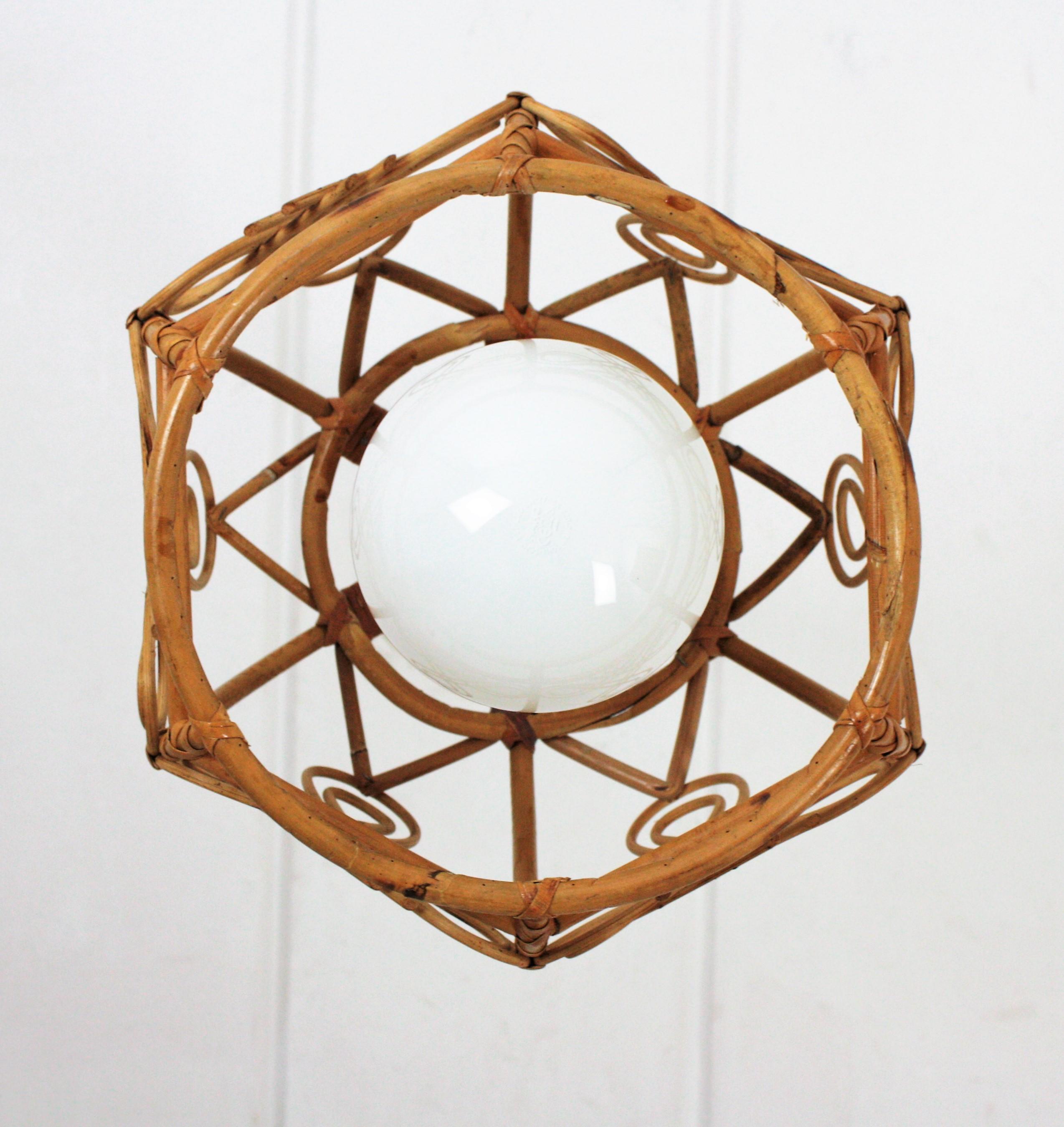 Bamboo French Modern Rattan Bell Pendant Lamp / Lantern, 1960s For Sale