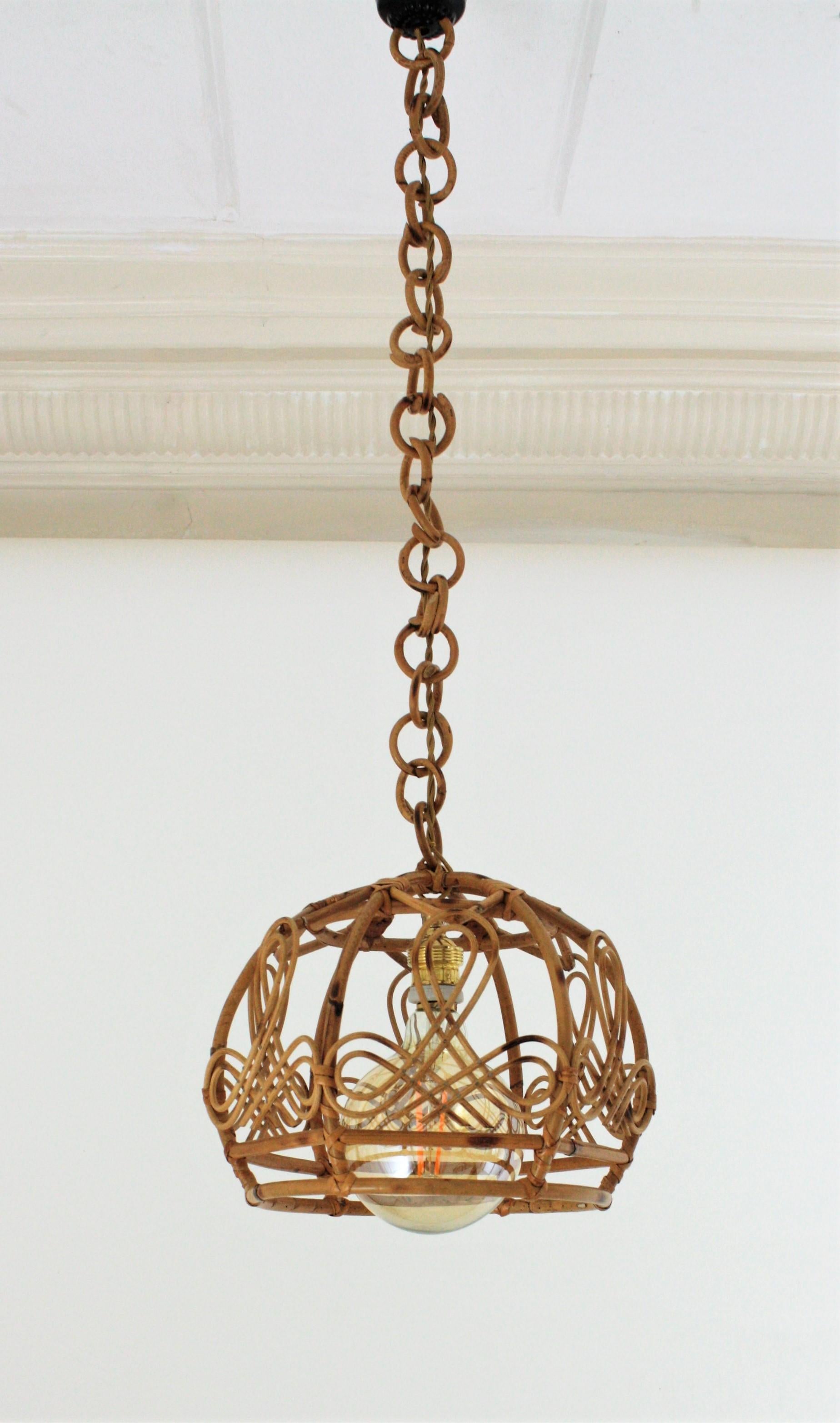 French Modern Rattan Bell Pendant Lamp / Lantern, 1960s For Sale 1