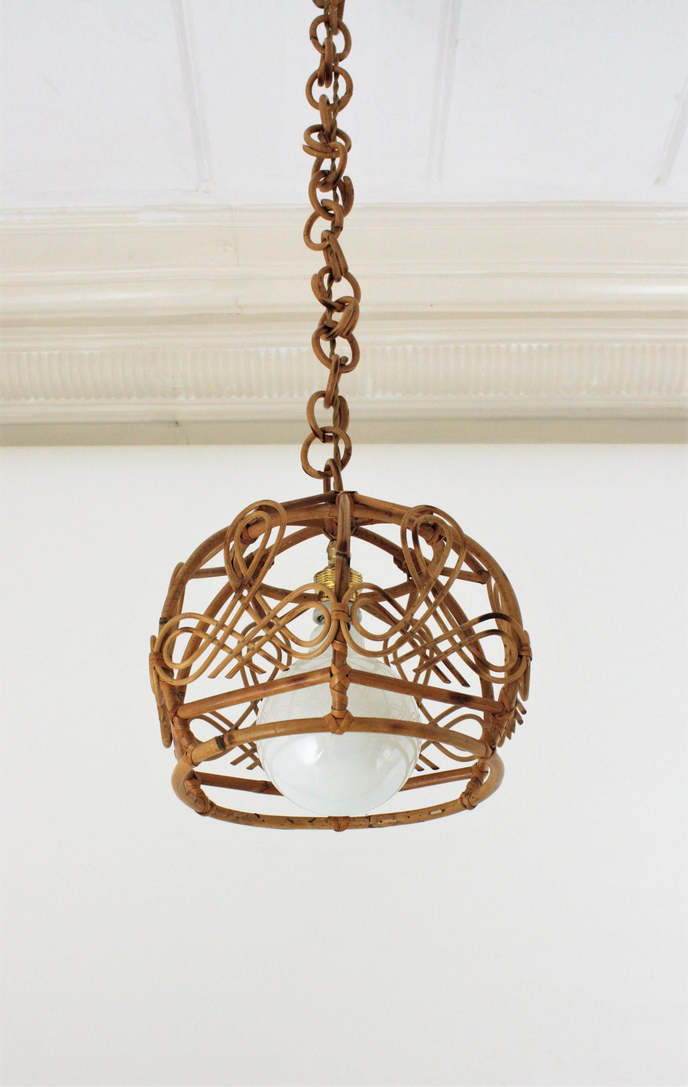 French Modern Rattan Bell Pendant Lamp / Lantern, 1960s For Sale 2