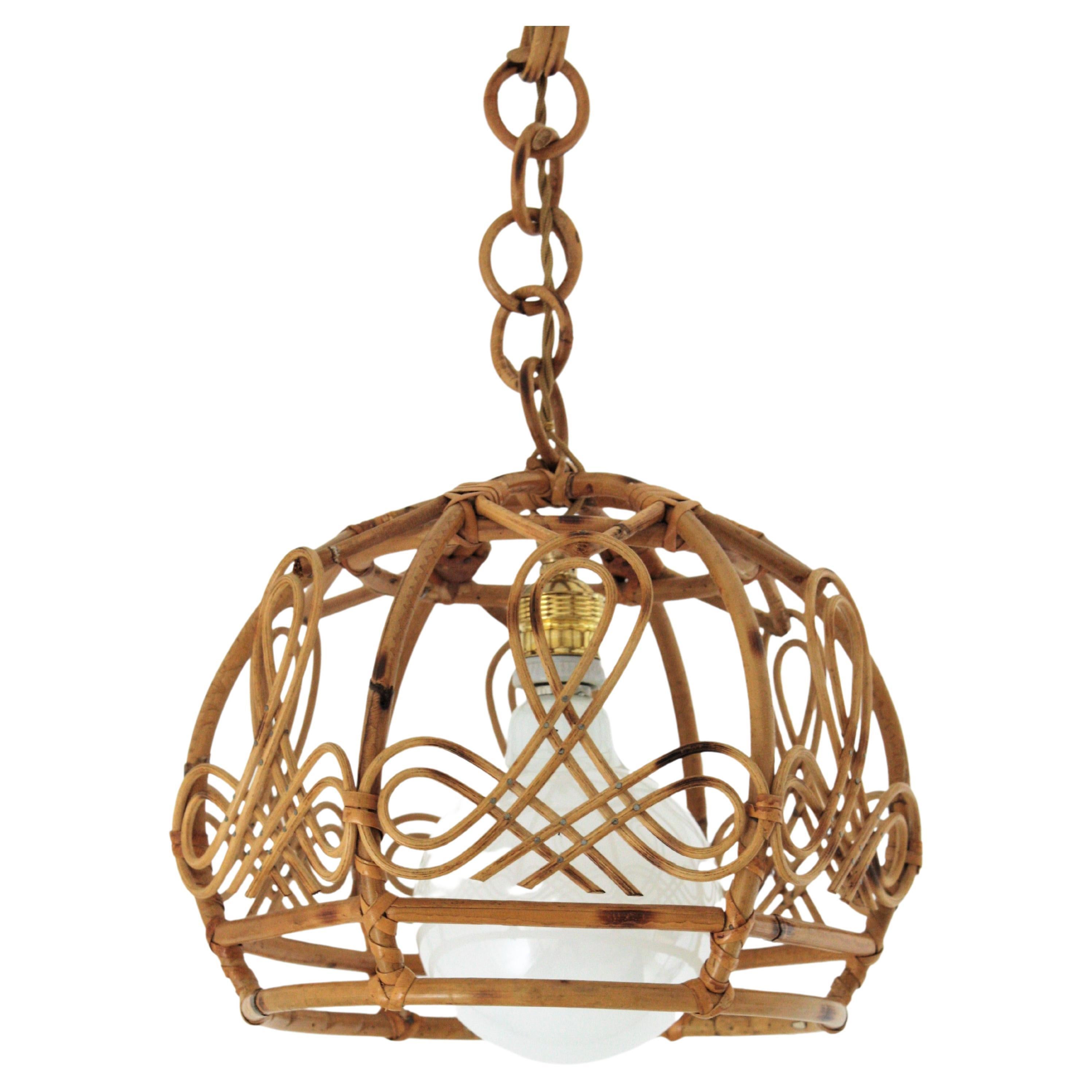 French Modern Rattan Bell Pendant Lamp / Lantern, 1960s
