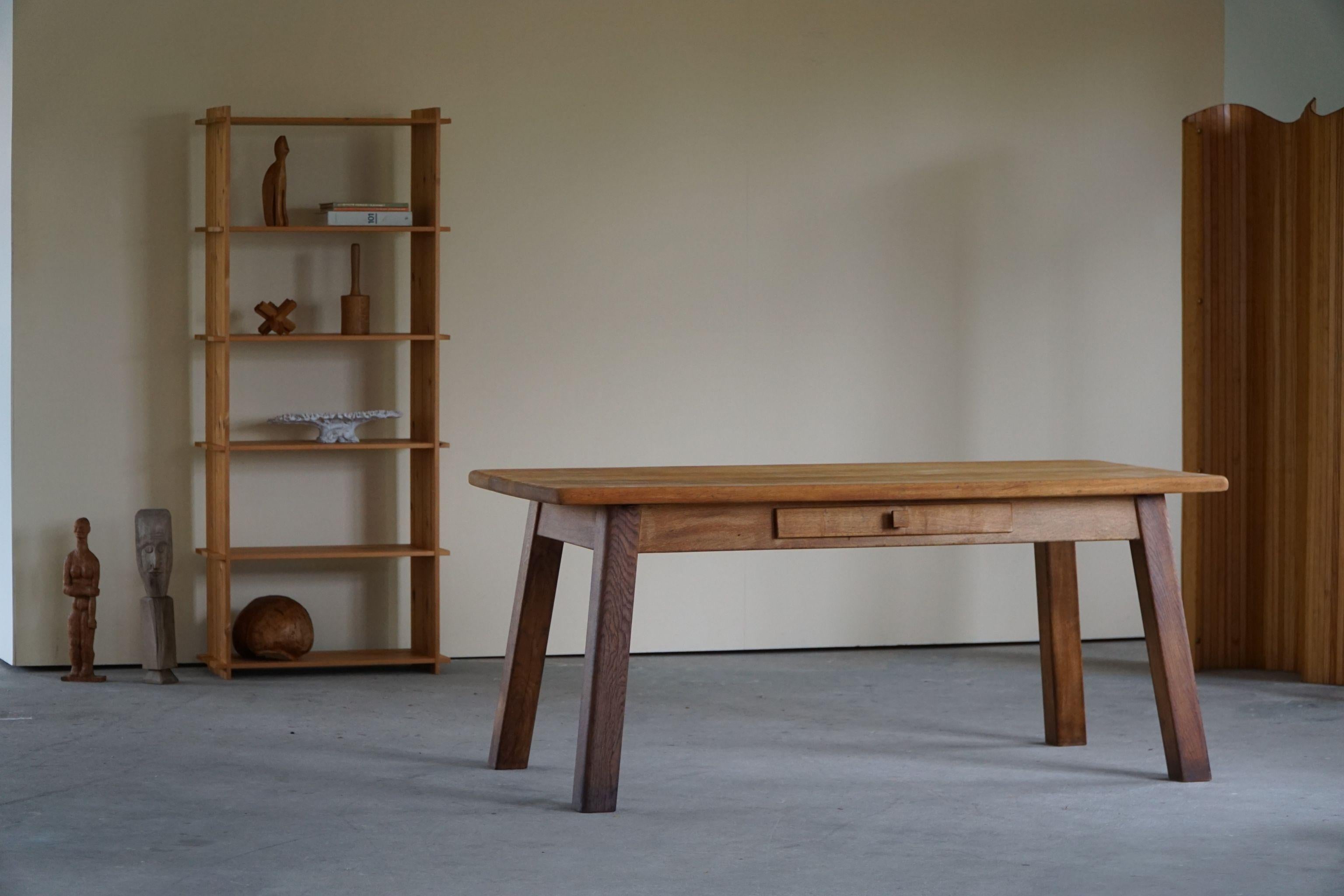 20th Century French Modern Rectangular Brutalist Desk / Dining Table in Solid Oak, 1950s
