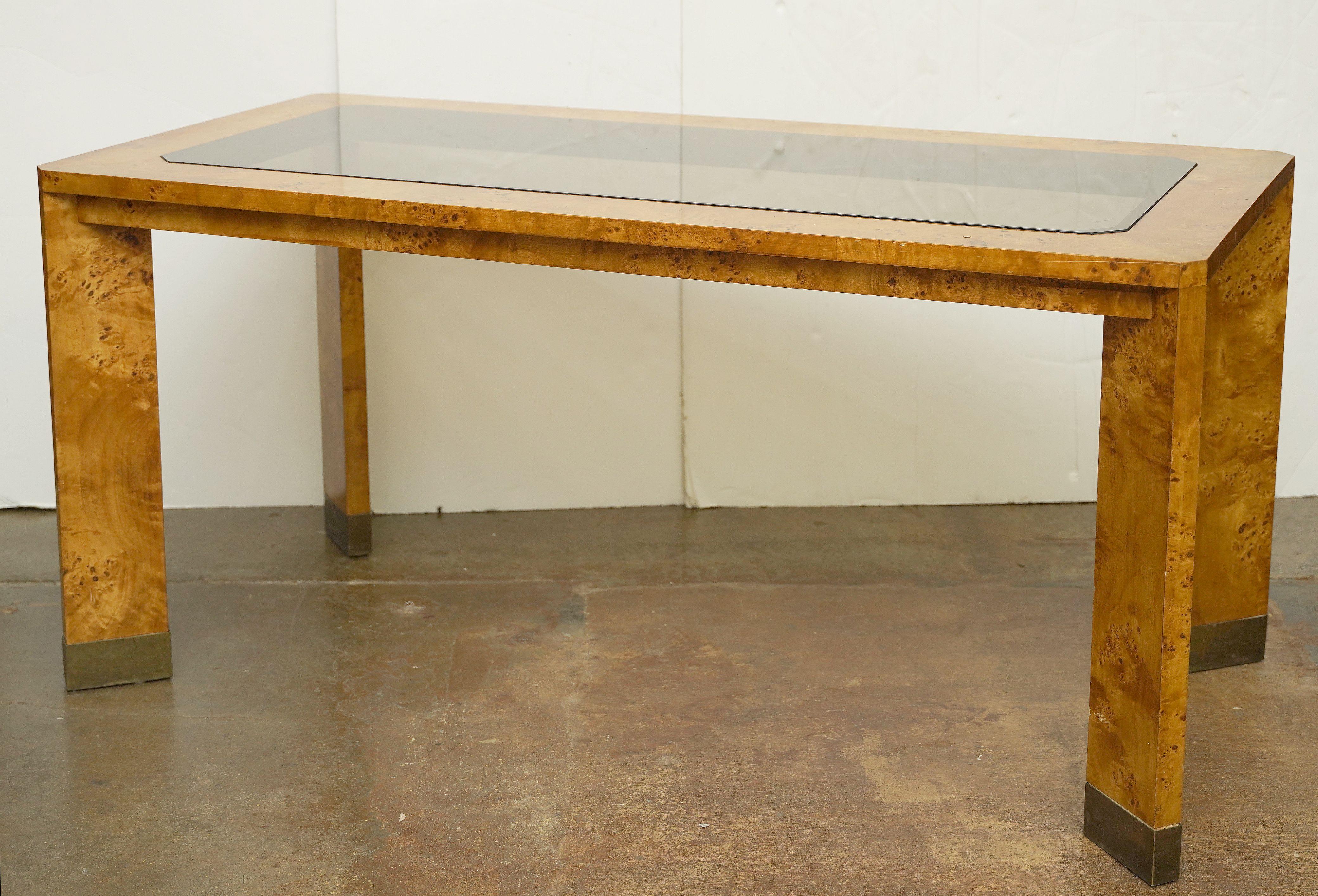 20th Century French Modern Rectangular Dining Table of Burled Elm with Smoked Glass Top For Sale