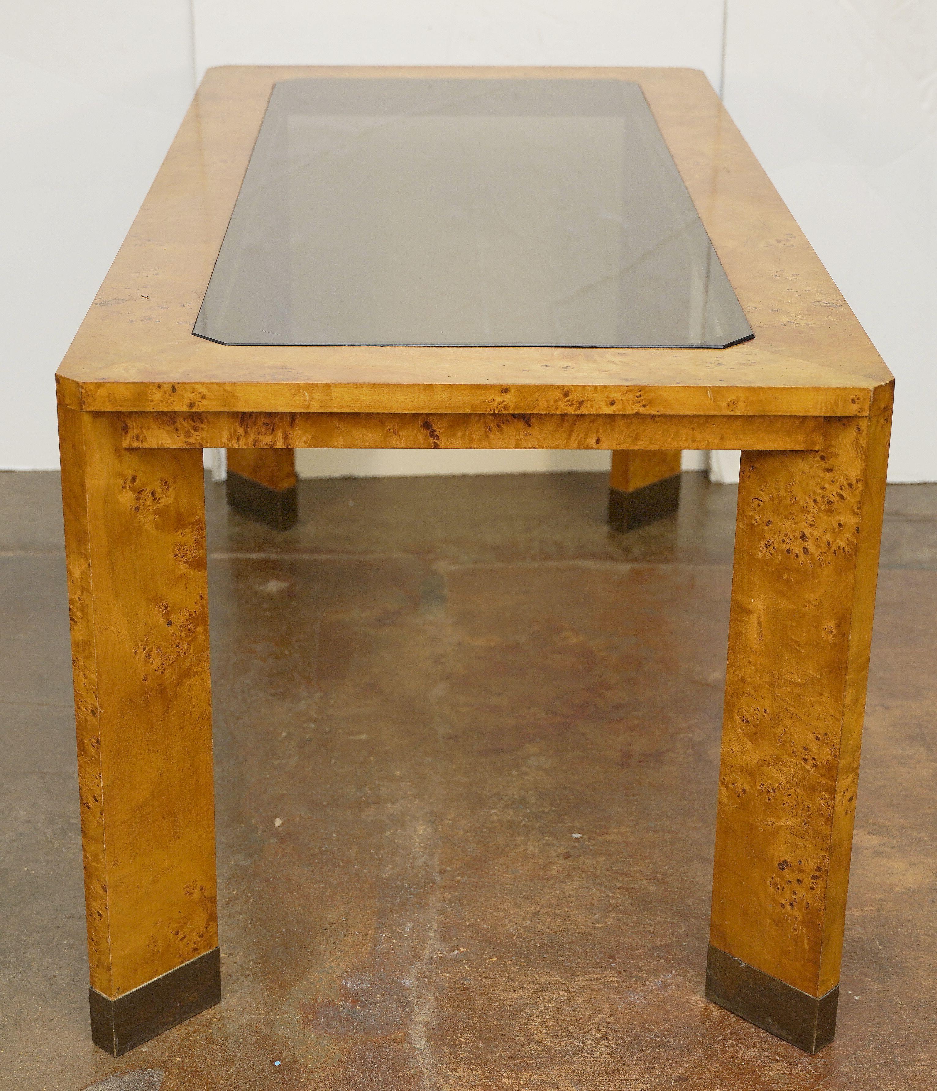French Modern Rectangular Dining Table of Burled Elm with Smoked Glass Top For Sale 5
