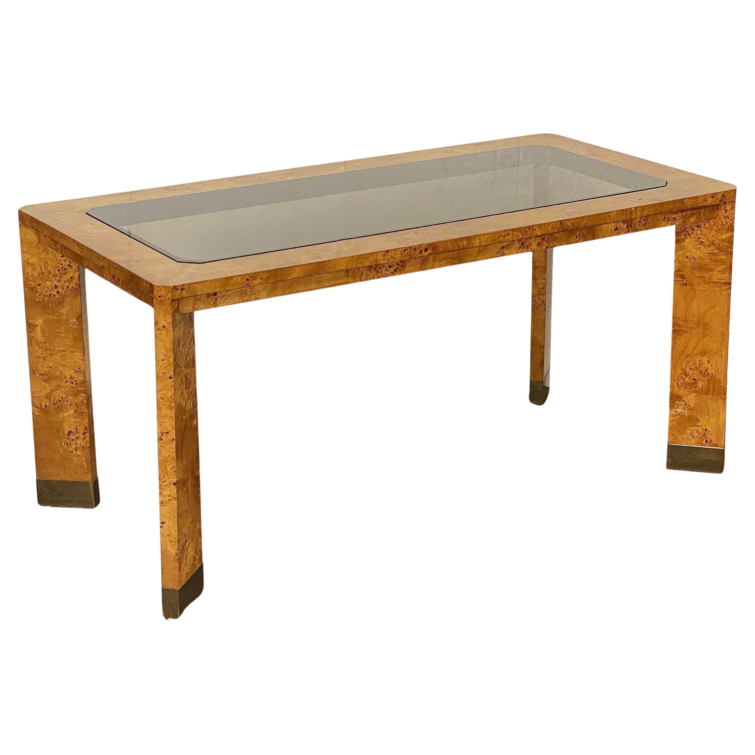 French Modern Rectangular Dining Table of Burled Elm with Smoked Glass Top For Sale