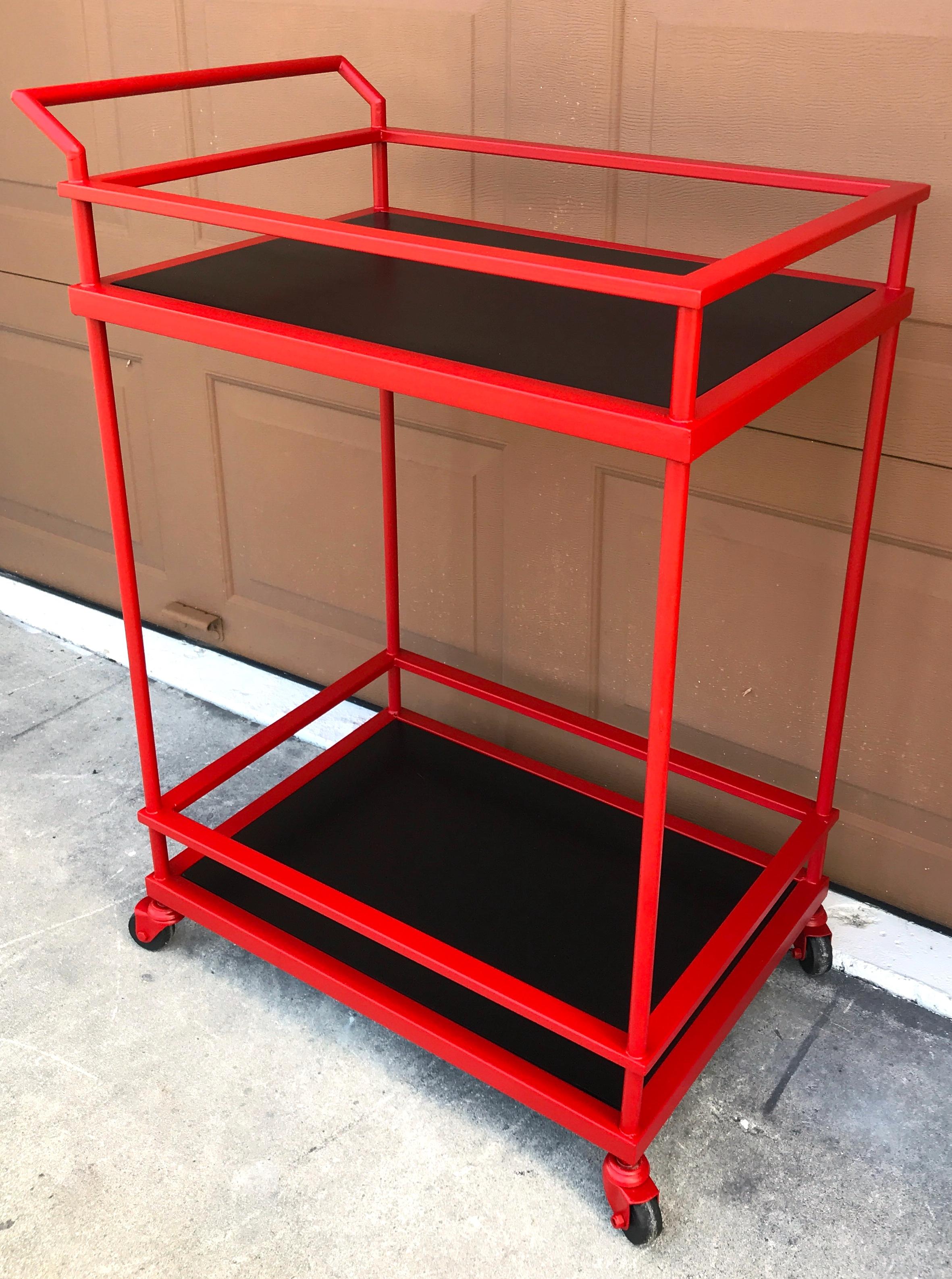 Ebonized French Modern Red Enameled Bar Cart For Sale