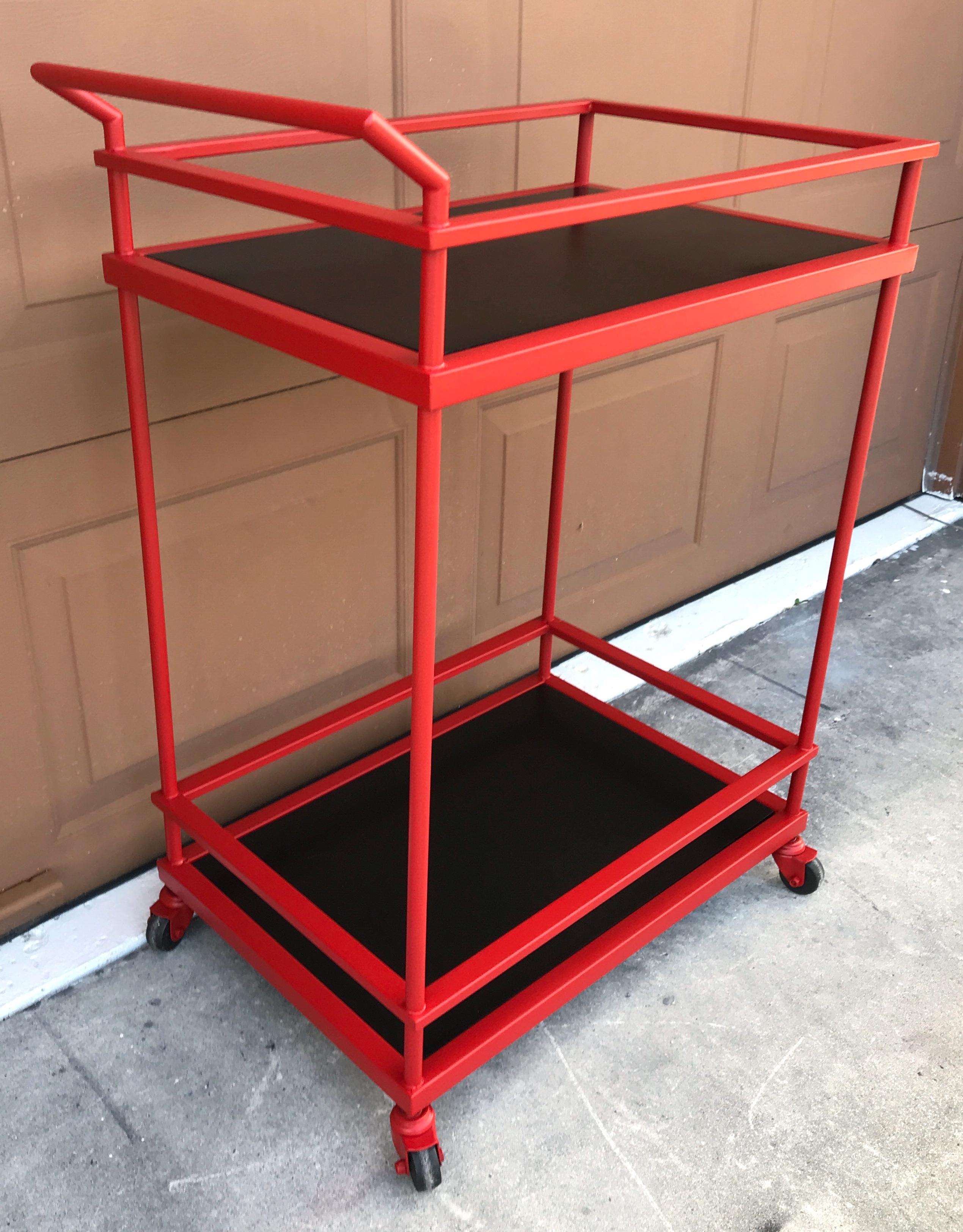 Metal French Modern Red Enameled Bar Cart For Sale