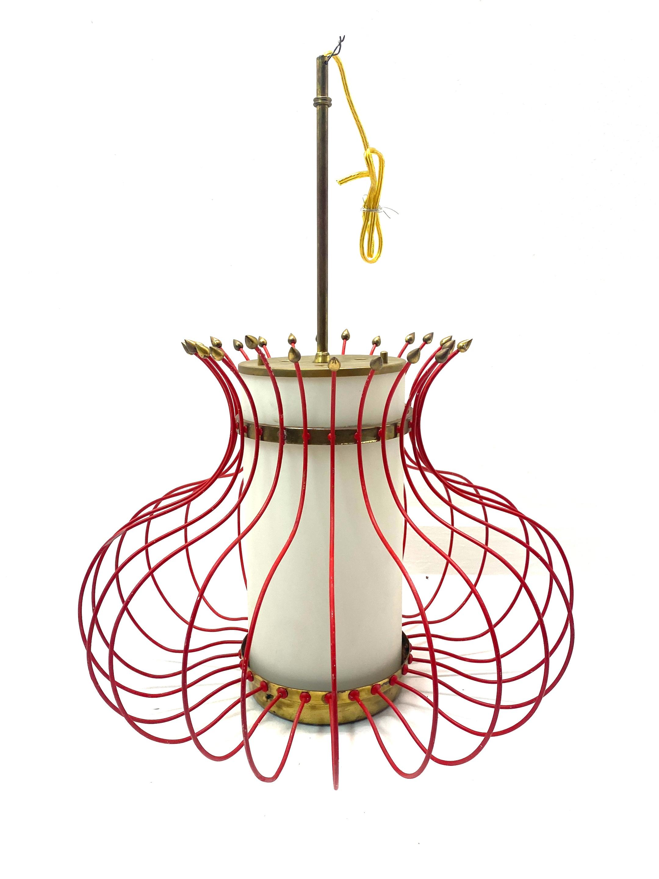 French Modern Red Enameled Brass Lantern /Chandelier  1