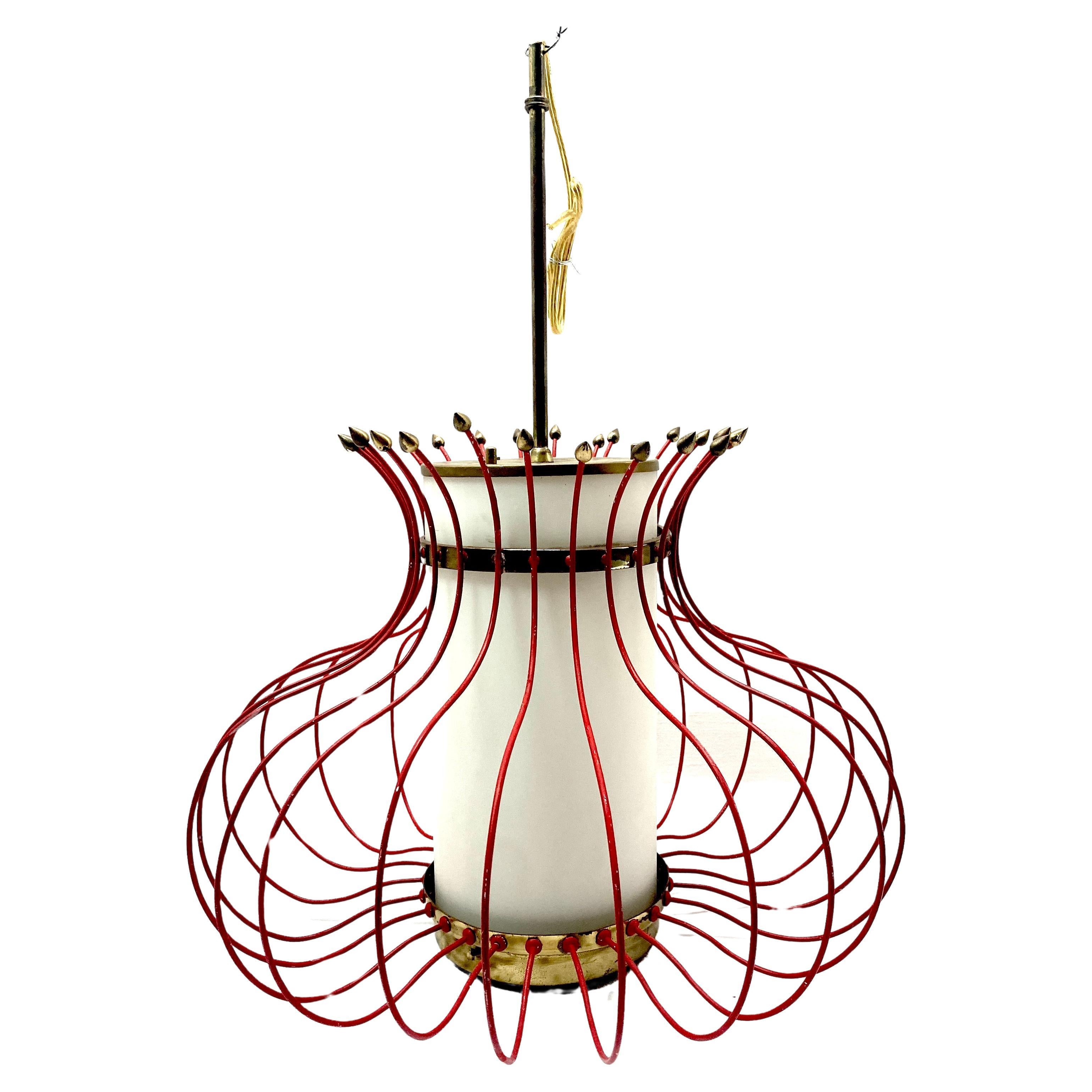 French Modern Red Enameled Brass Lantern /Chandelier 