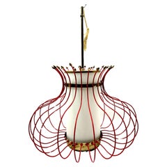 French Modern Red Enameled Brass Lantern /Chandelier