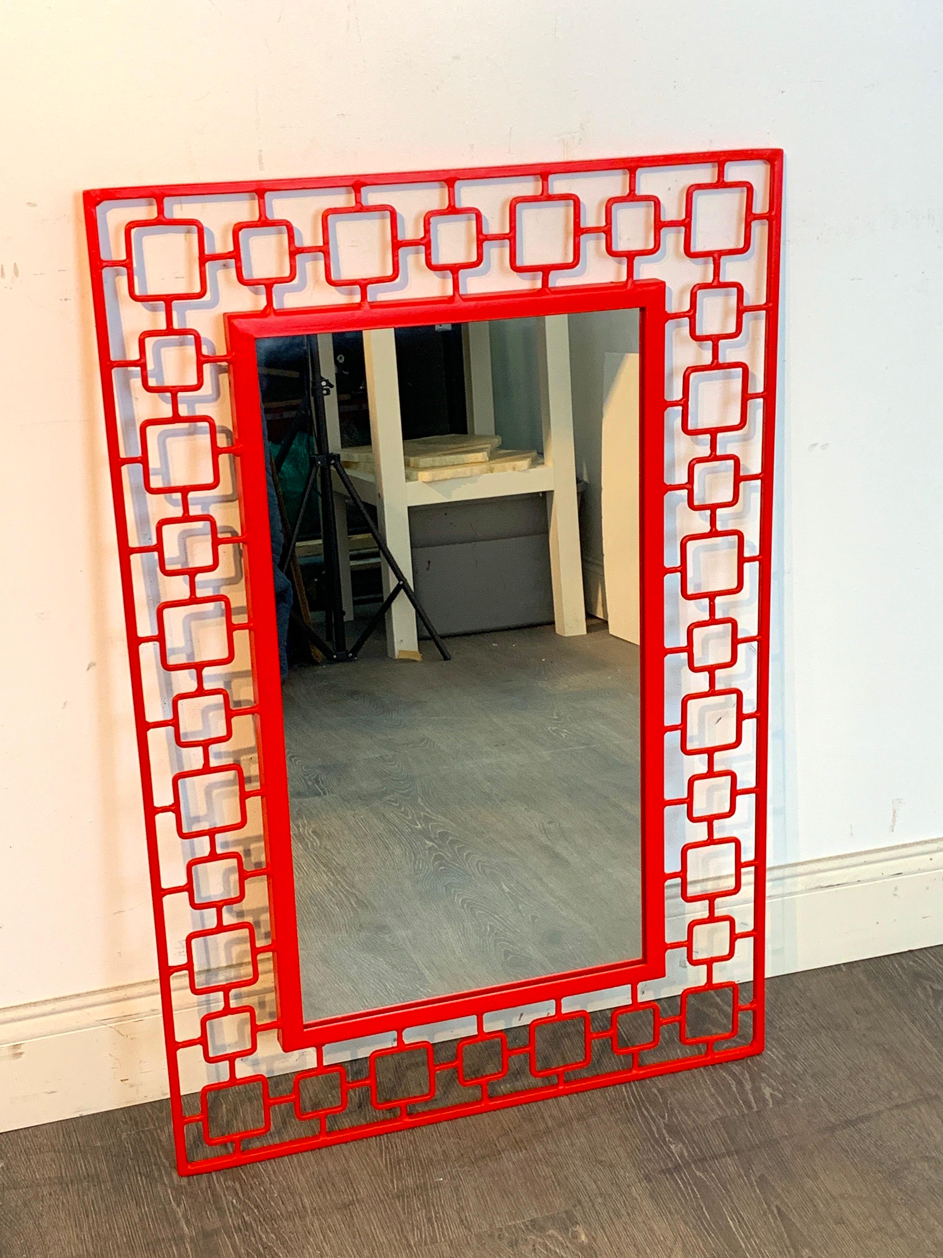 French Modern Red Enameled Iron Mirror In Good Condition For Sale In West Palm Beach, FL