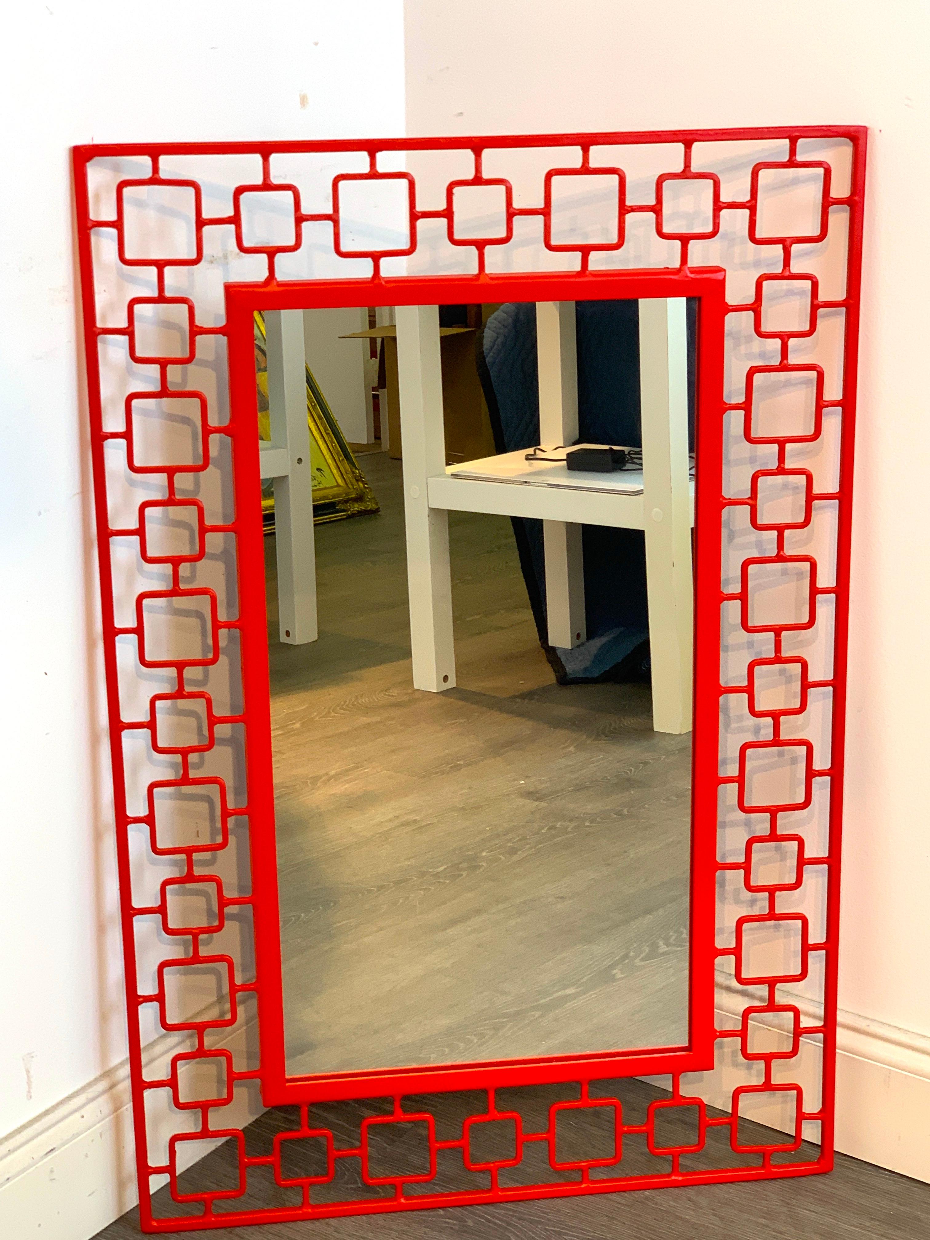 20th Century French Modern Red Enameled Iron Mirror For Sale
