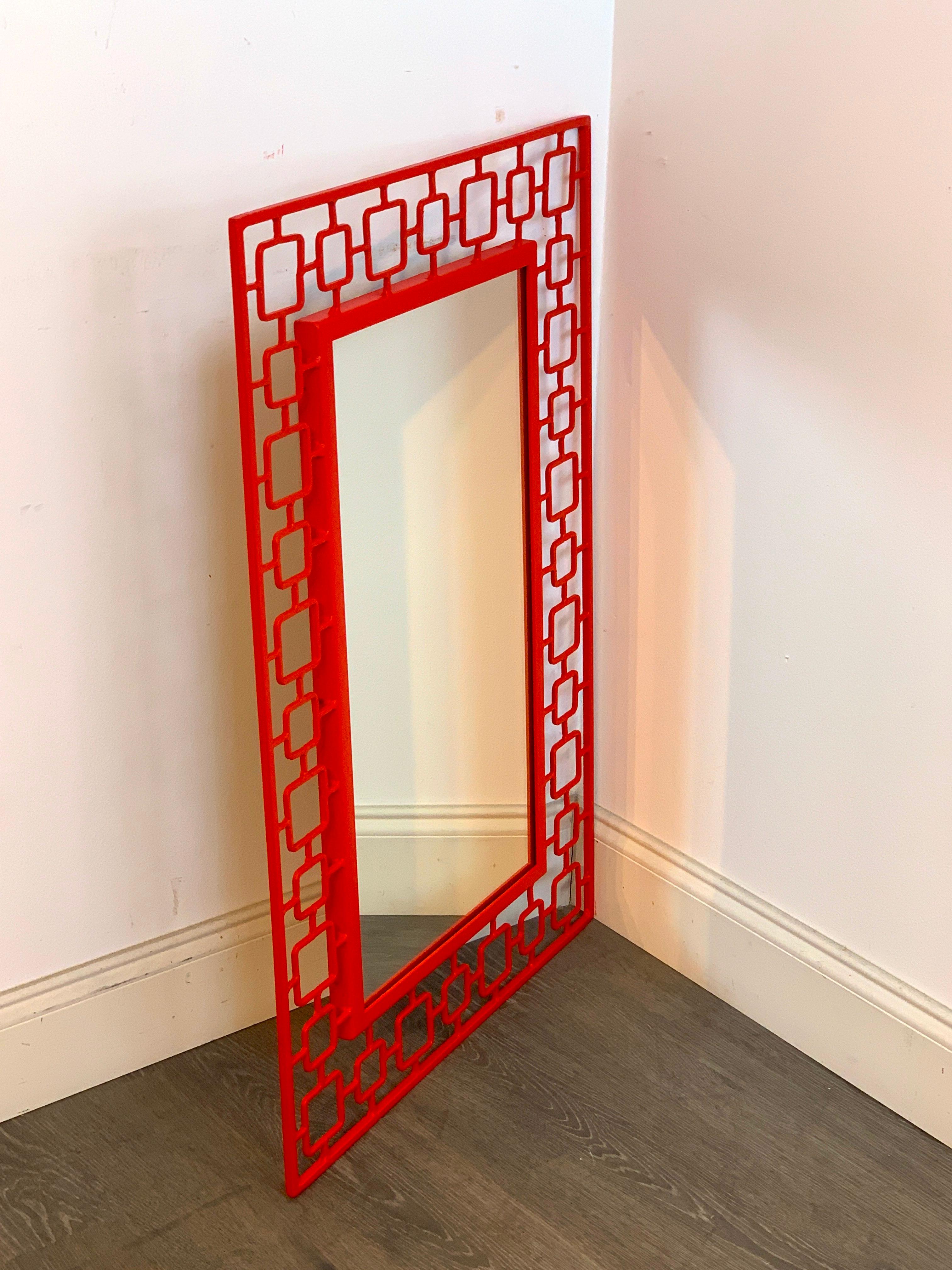 French Modern Red Enameled Iron Mirror For Sale 2