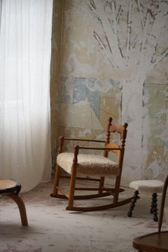 French Modern, Rocking Chair, Oak & Lambswool, Charles Dudouyt Style, 1950s