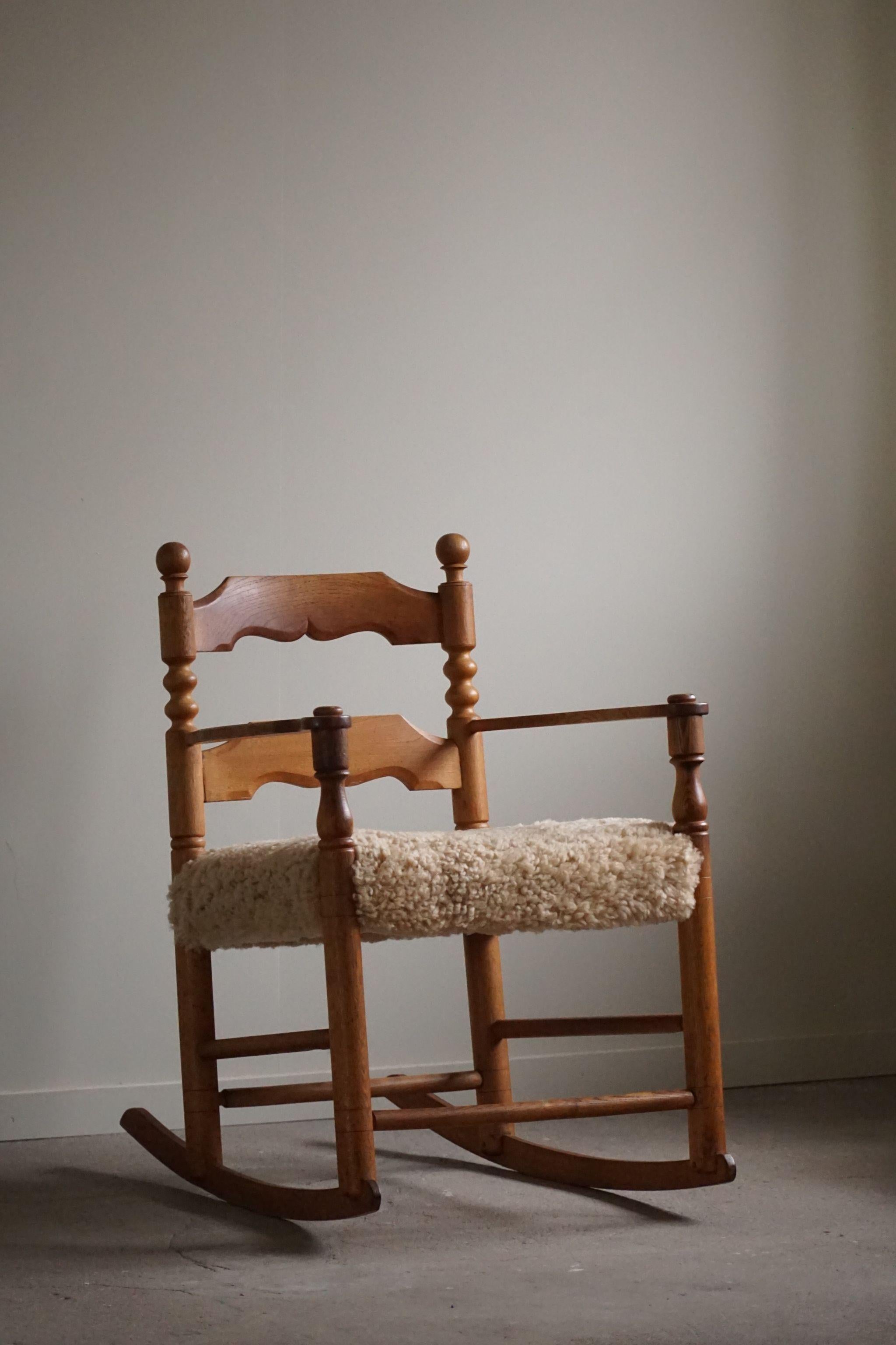 French Modern, Rocking Chair, Oak & Lambswool, Charles Dudouyt Style, 1950s For Sale 4