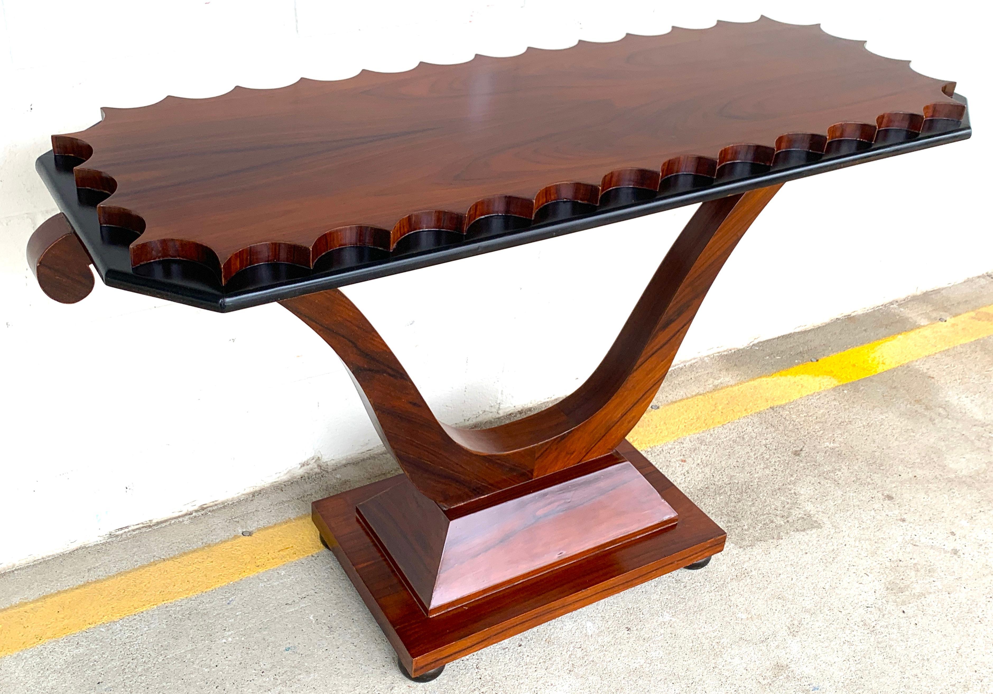 French Modern Rosewood Scalloped Console Table In Good Condition For Sale In West Palm Beach, FL