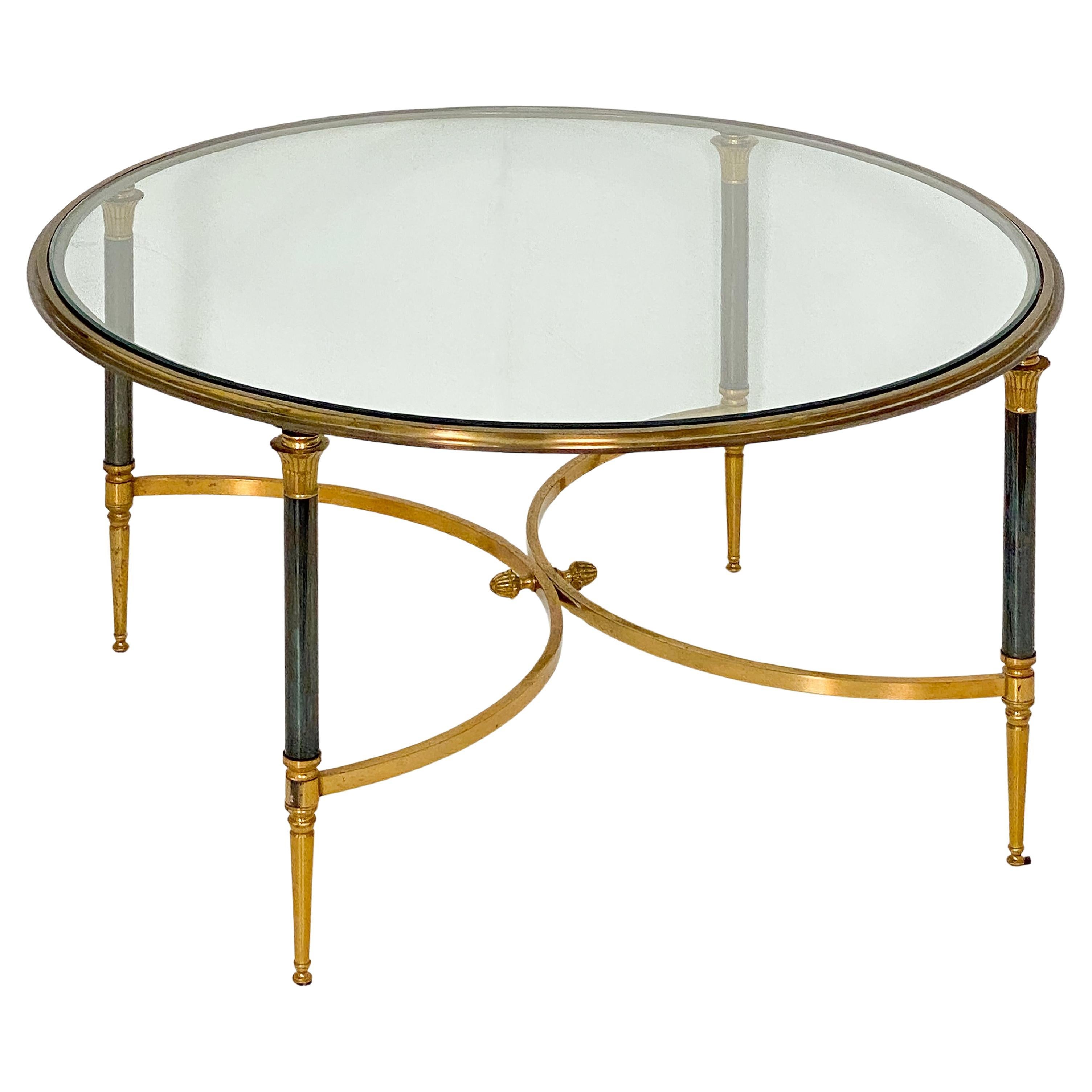 French Modern Round Cocktail or Coffee Low Table of Brass with Glass Top