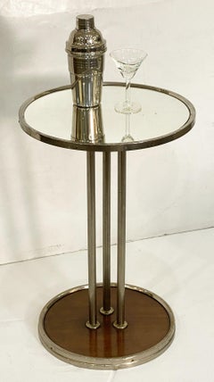 French Modern Round Drinks Table of Nickel Chrome, Mirrored Glass, and Mahogany