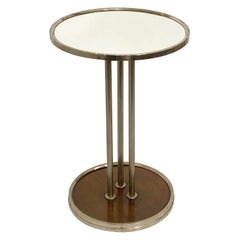 Mesa de Copas Redonda Moderna Francesa de Níquel Cromado, Cristal Espejado y Caoba