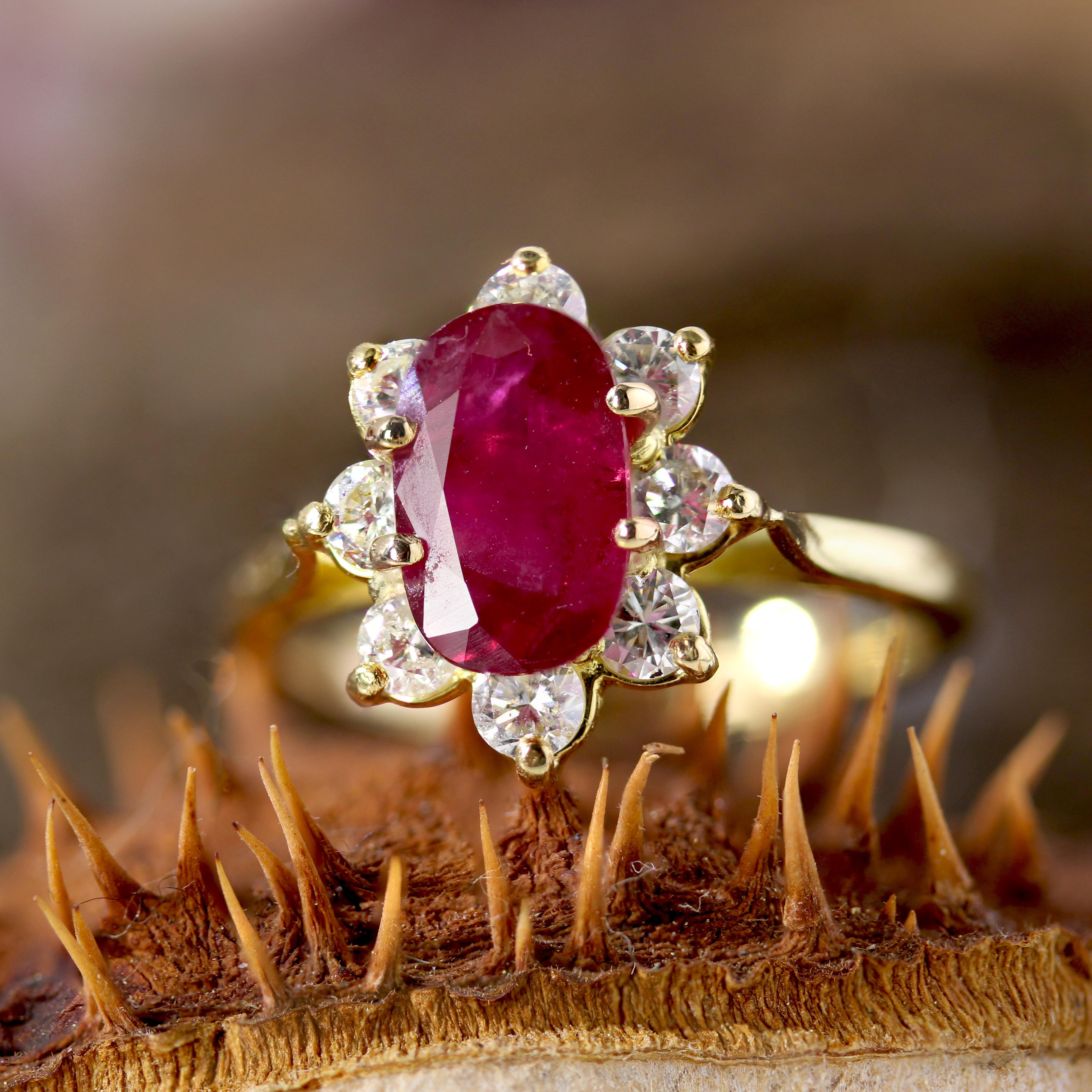 Oval Cut French Modern Ruby Diamond 18 Karat Yellow Gold Flower Ring