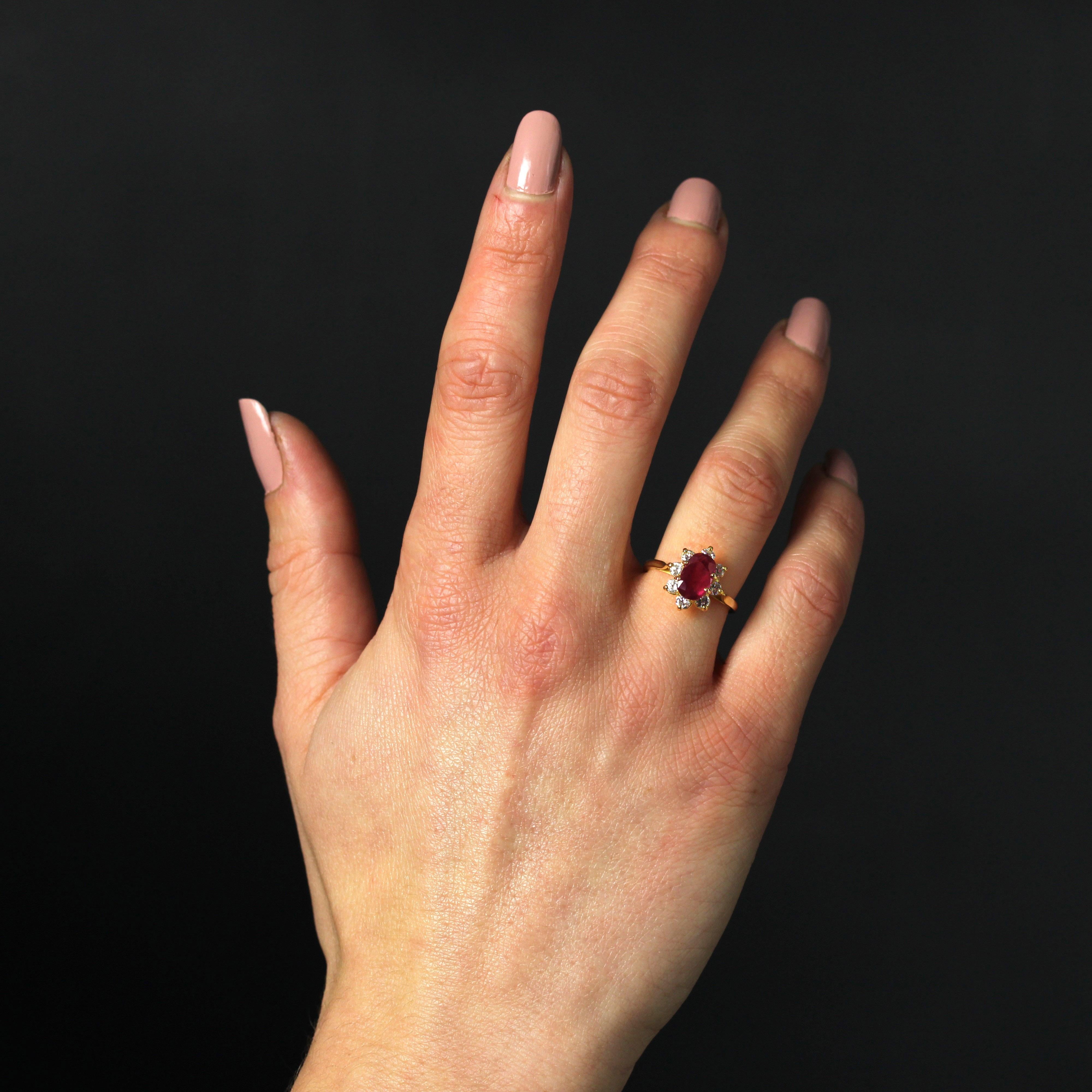 French Modern Ruby Diamond 18 Karat Yellow Gold Flower Ring In Good Condition In Poitiers, FR