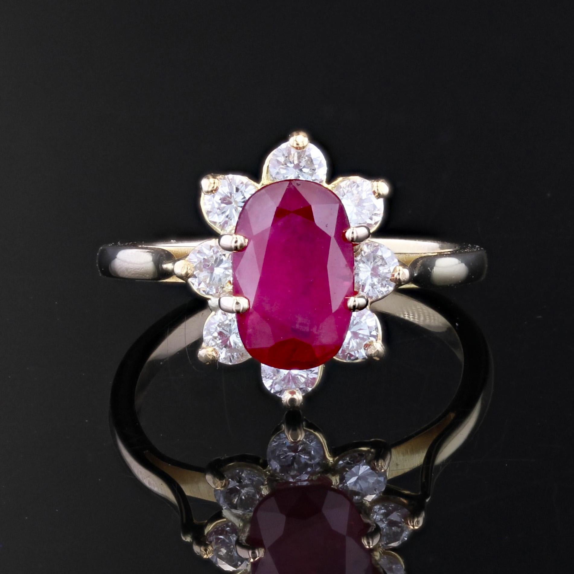 Women's French Modern Ruby Diamond 18 Karat Yellow Gold Flower Ring