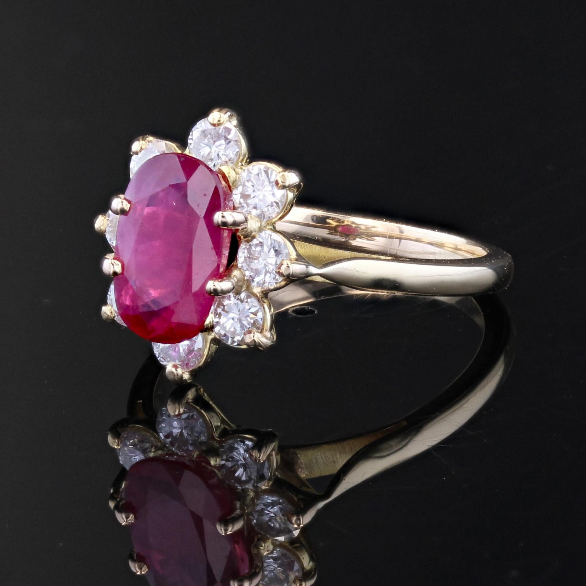 French Modern Ruby Diamond 18 Karat Yellow Gold Flower Ring 2