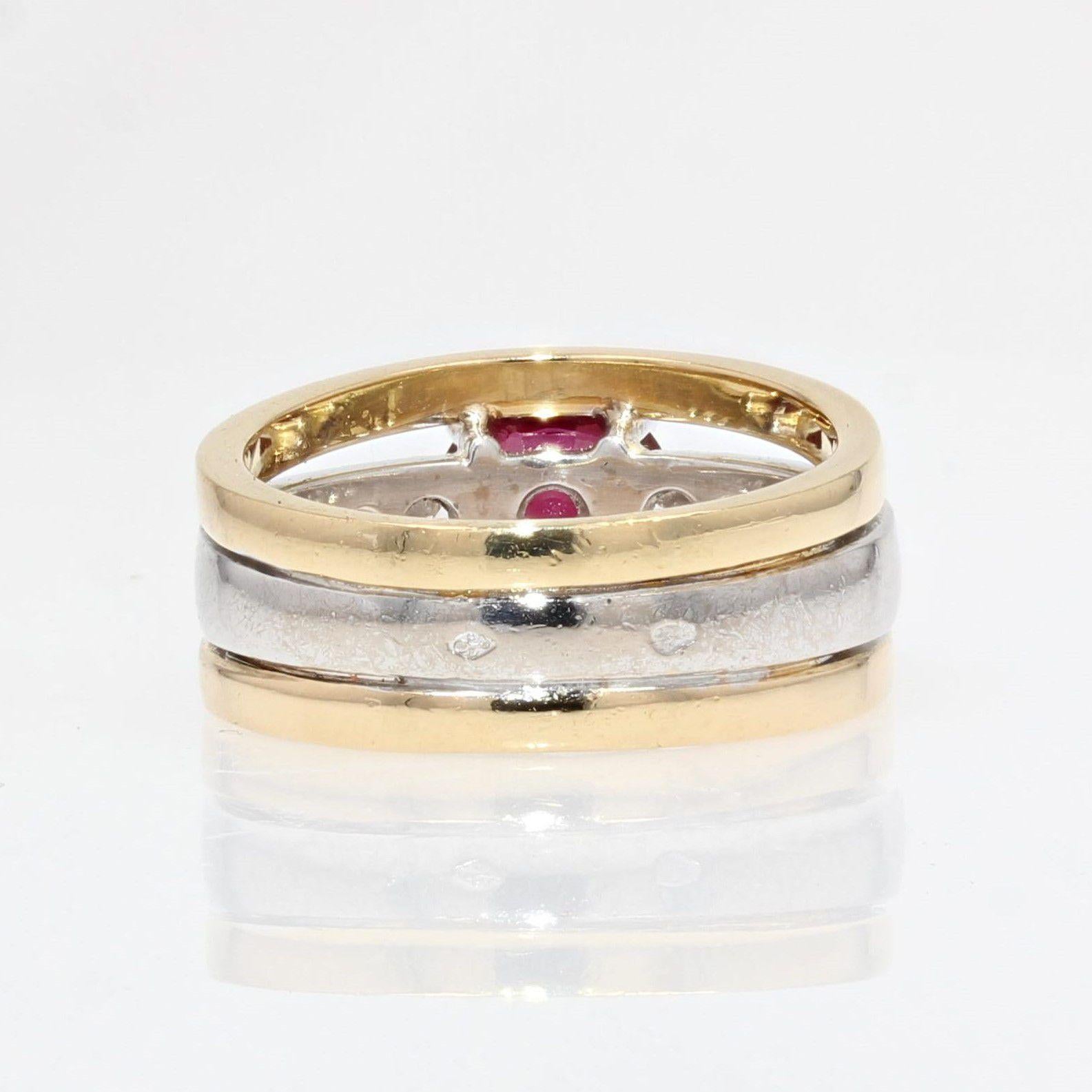 French Modern Ruby Diamonds 18 Karat Yellow and White Gold Ring For Sale 5