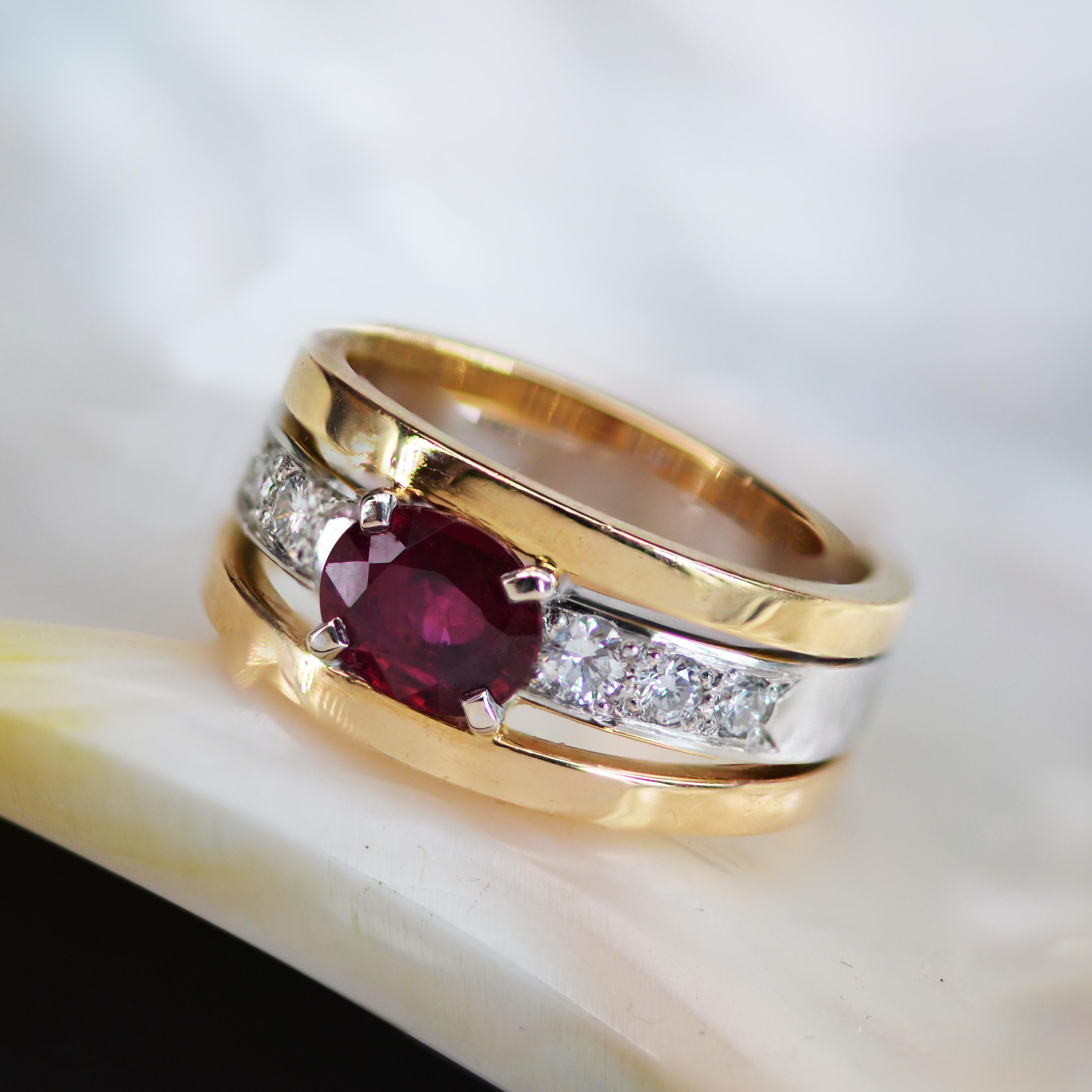 French Modern Ruby Diamonds 18 Karat Yellow and White Gold Ring For Sale 3